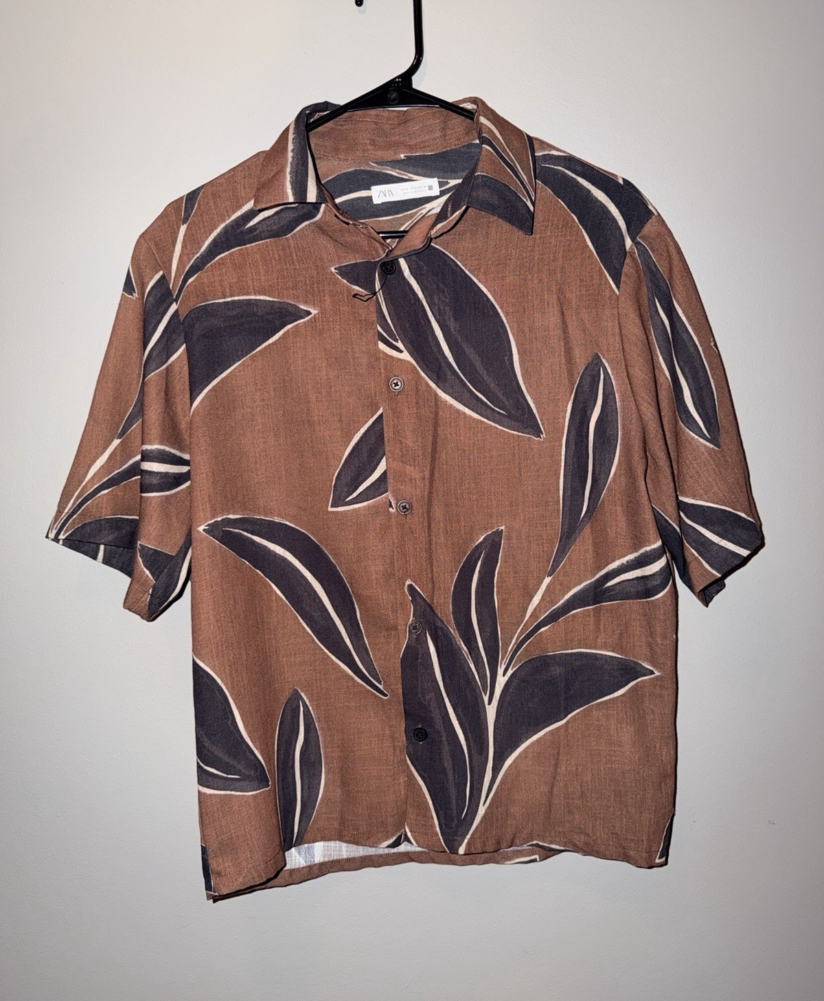 ZARA Men’s S Brown/Black/White Tropical Floral Woven Short Sleeve Button-Up