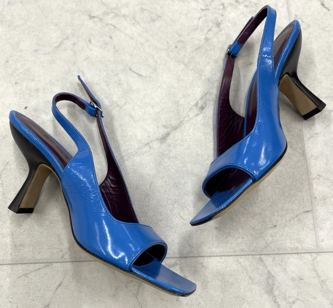New BY FAR Lopez 80mm Leather Slingback Sandals In Blue Size:35 (US 5)