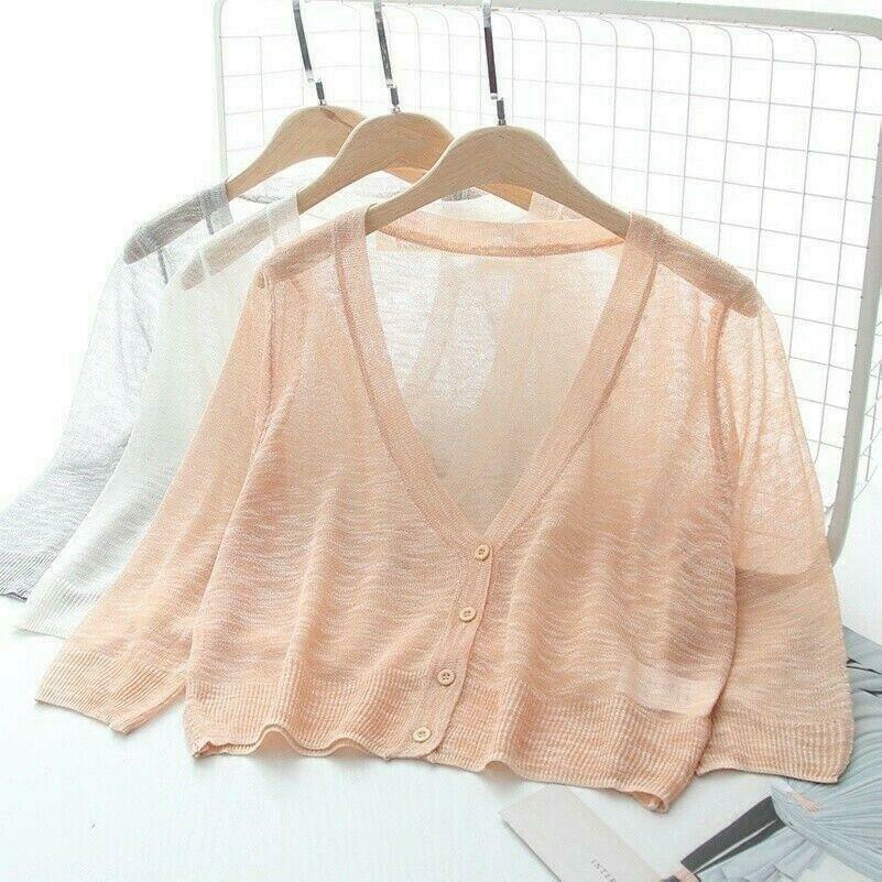 Women Sweater Shrug Crop Top Coat 3/4 Sleeve Knit Cardigan Button Down Sheer