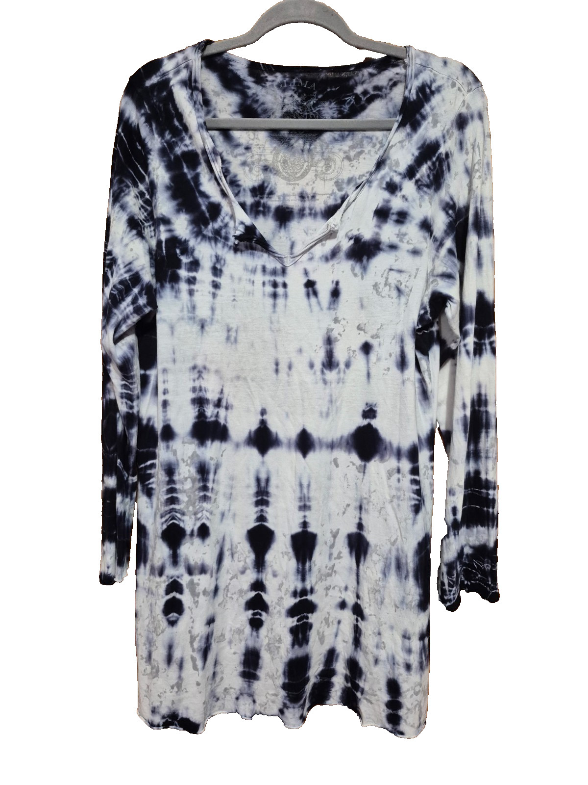 Glima Women’s 3/4 Sleeve Black White Tye Dye Size XL Split Round Neck Tunic USA
