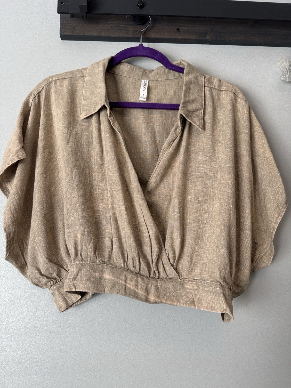 Zenana Beige Solid Collared Short Sleeve Pullover Blouse L CTW-7158Y