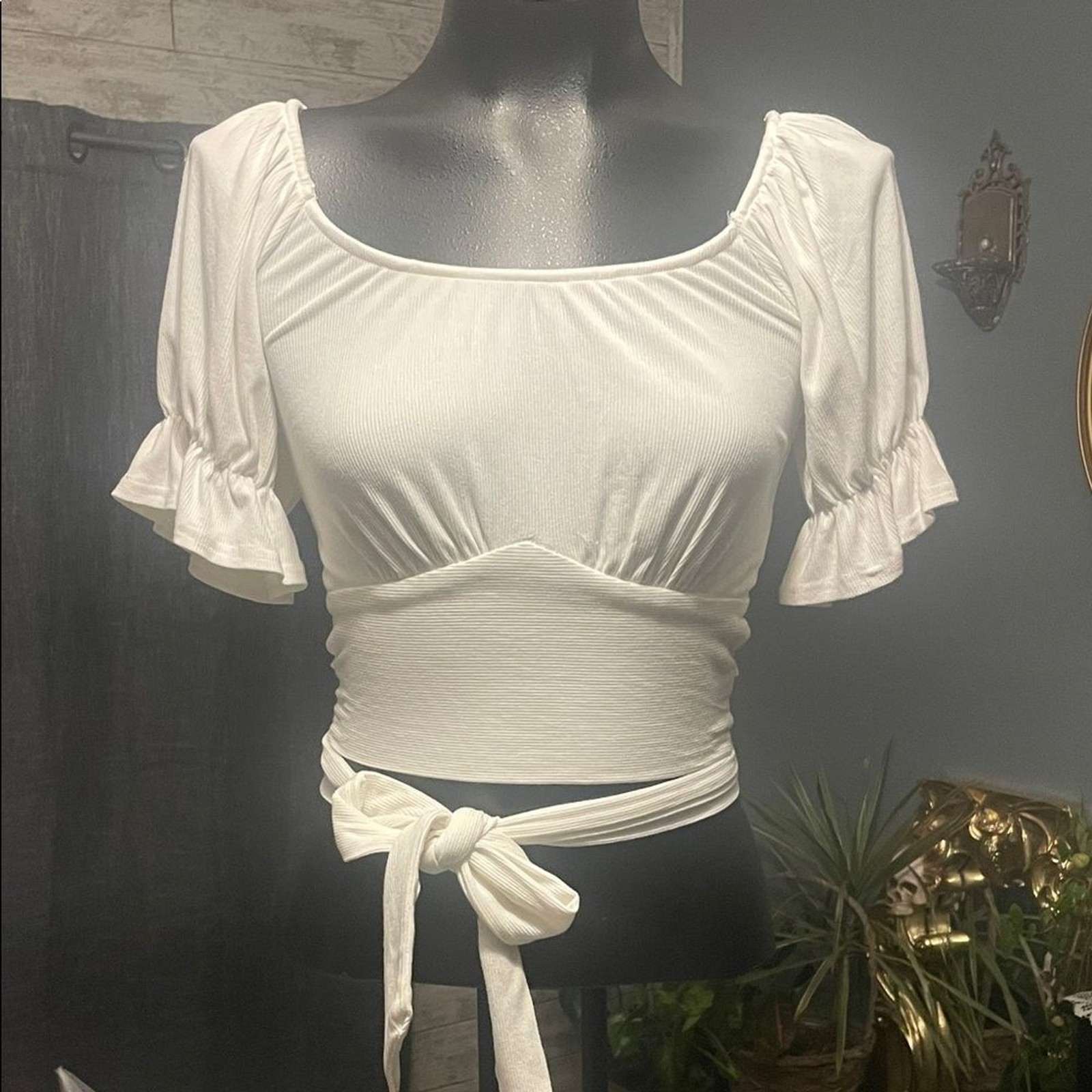 Listicle White Crop Top with Tie and Ruffle Sleeves