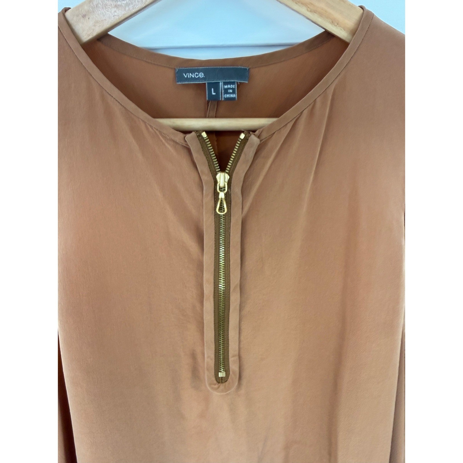 Vince 100% Silk Sleeveless Blouse Brown Zip Neck Tunic Tank Top Quiet Luxury – L