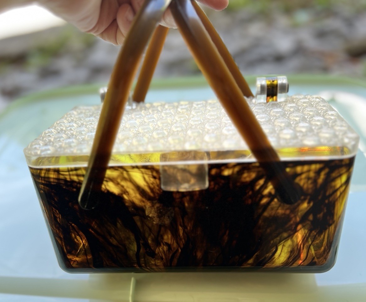 VTG LUCITE 50s Mid-Century Modern Brown Tortoise Shell & Clear Box Purse READ