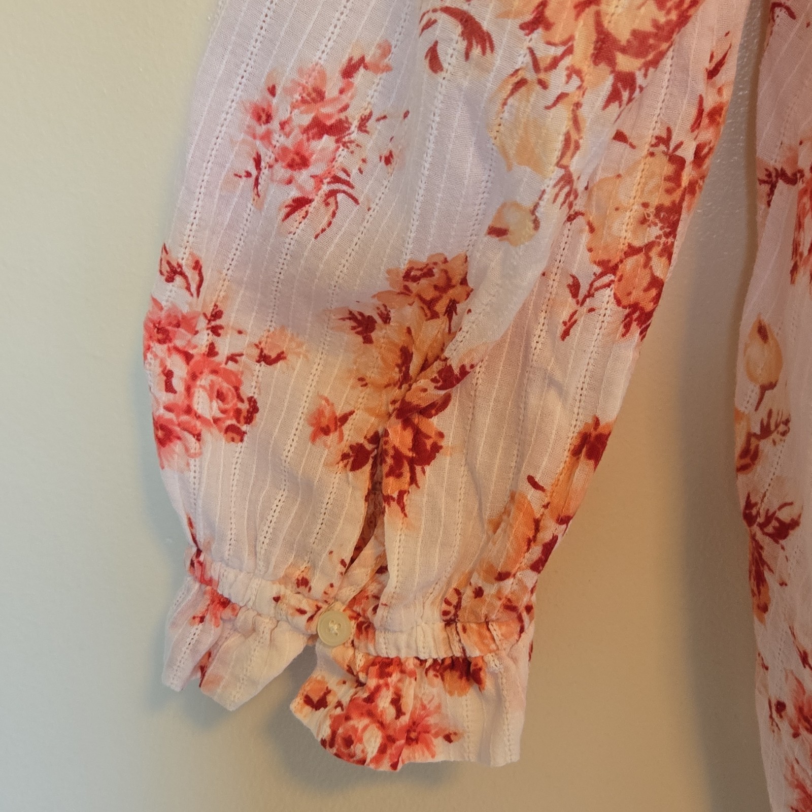 LOFT Women’s M White Orange Floral 3/4 Sleeve Cotton Button Up Blouse Cottage