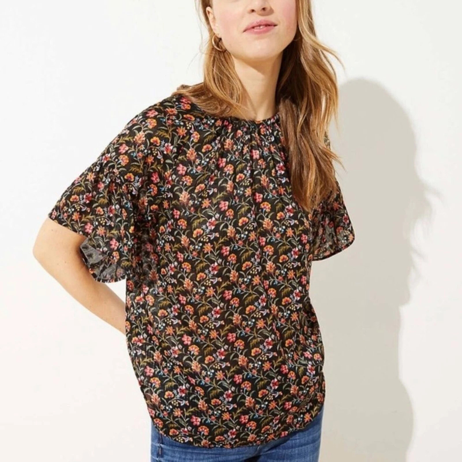 Loft Sheer Floral Blouse Flutter Sleeve Black Gold Shimmer PXS