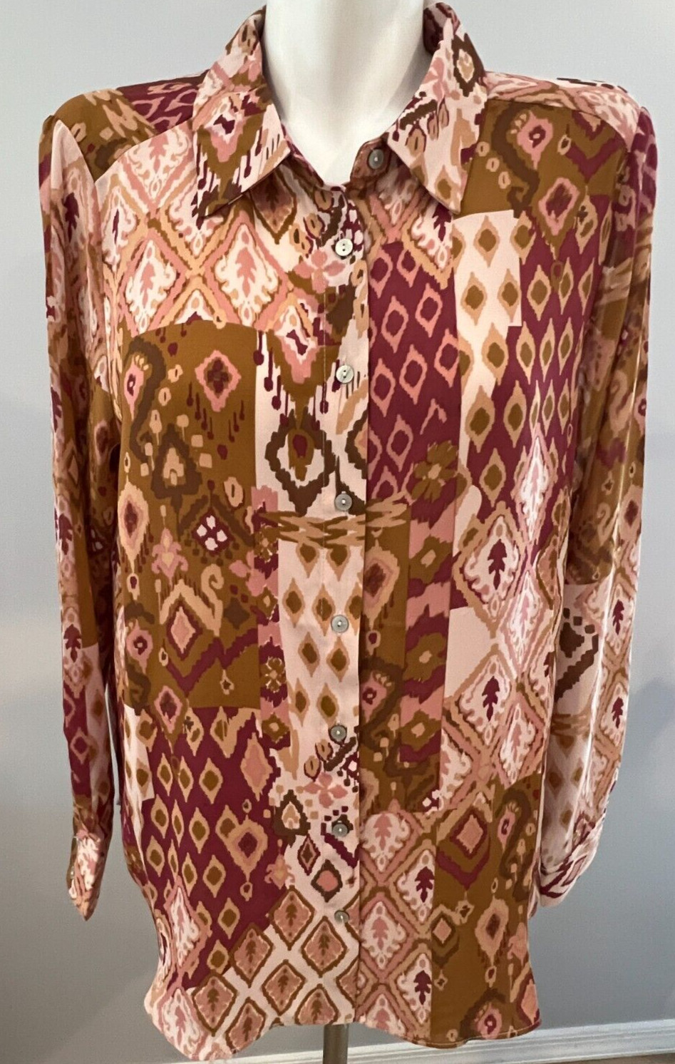 Rose & Olive Women Large Top Blouse Mustard Mauve Multi Button Down New NWT