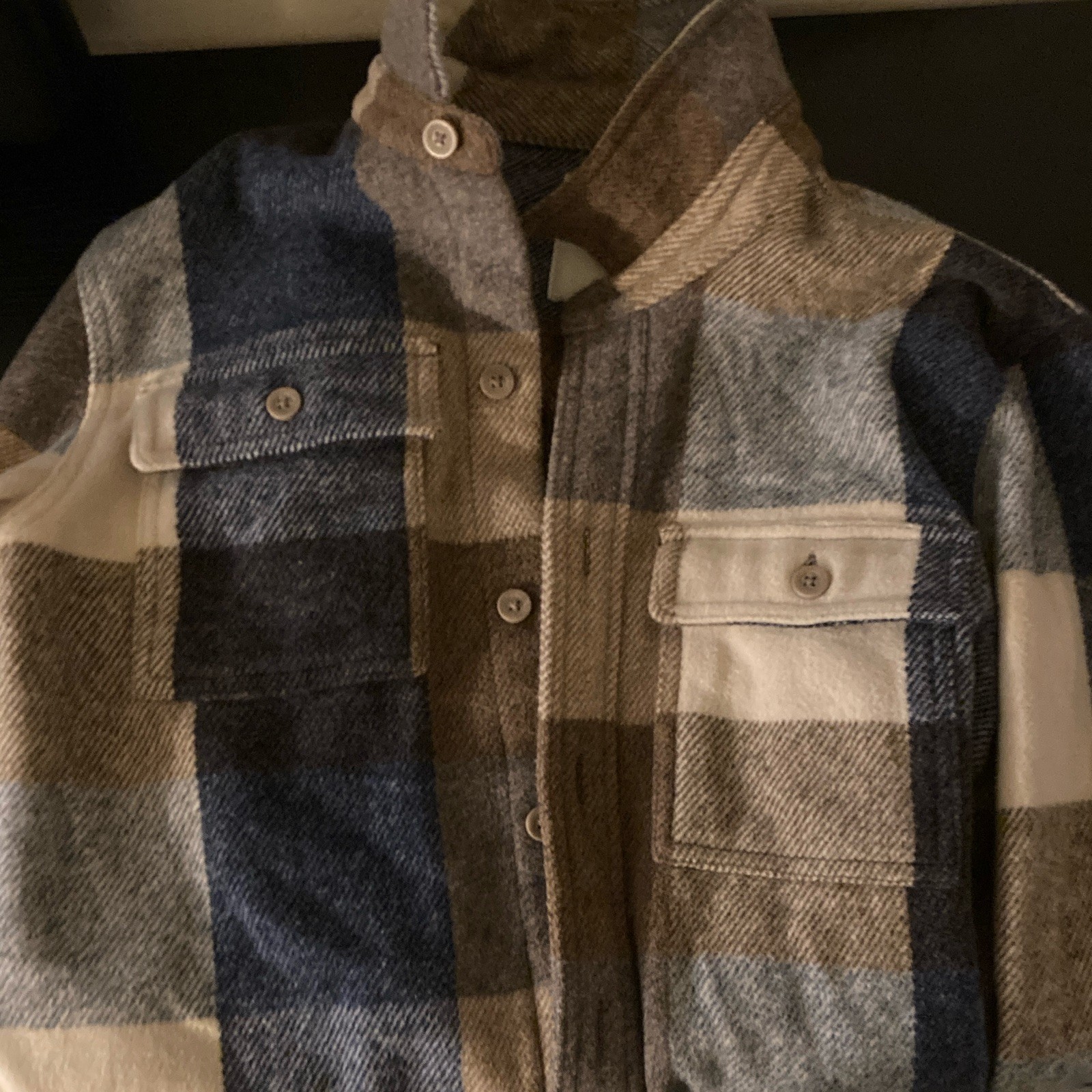Hollister Cardigan Style Checkered Sweater Men’s Medium Tan Blue White