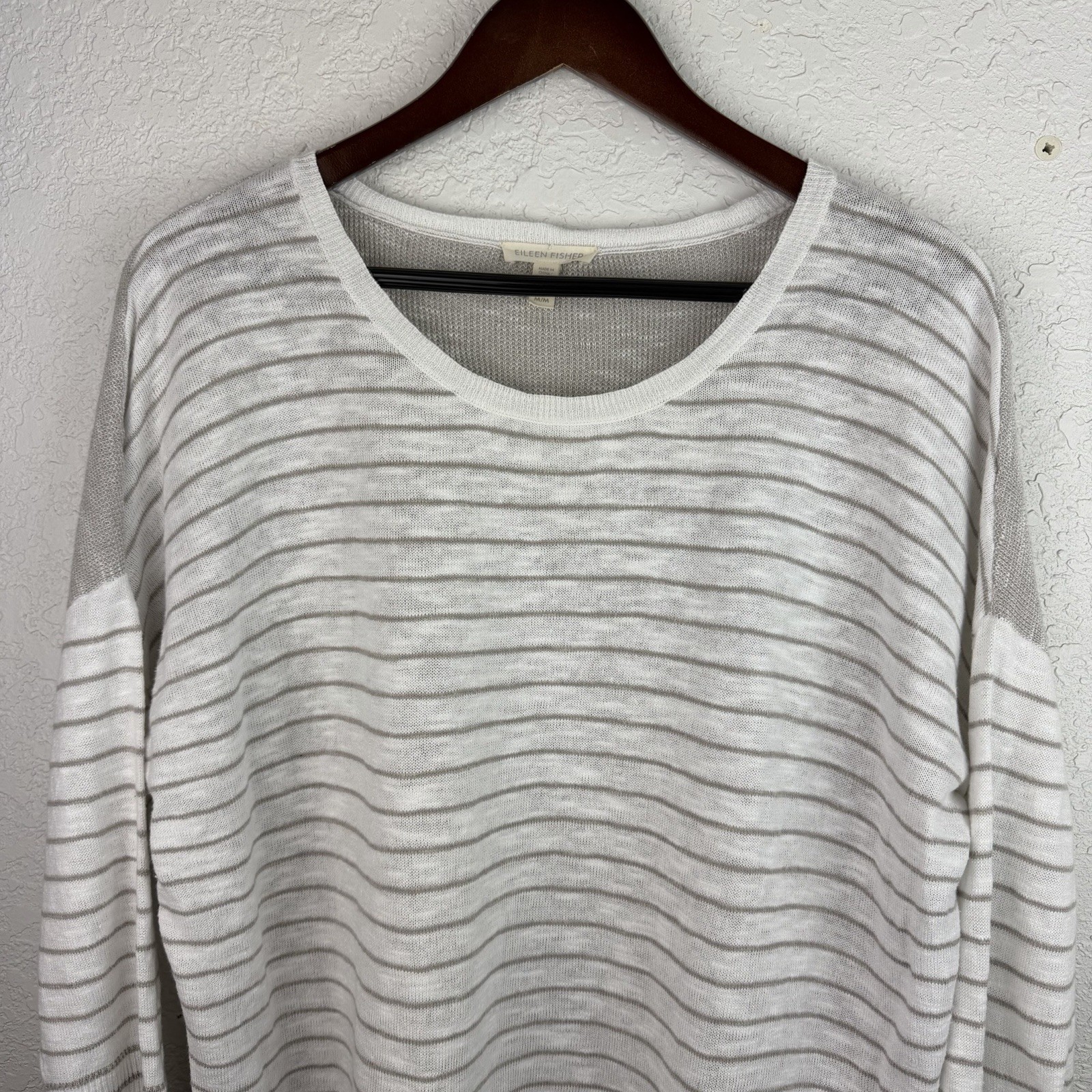 Eileen Fisher Size Medium White Gray Stripe Organic Linen Cotton Top Summer Cool