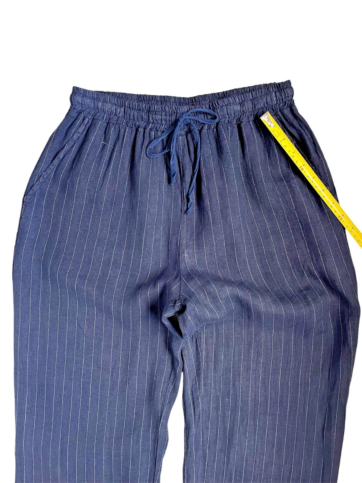 Sorbet Italy 100% Linen Pants L XL Blue Pinstripe Wide Leg Elastic Waist