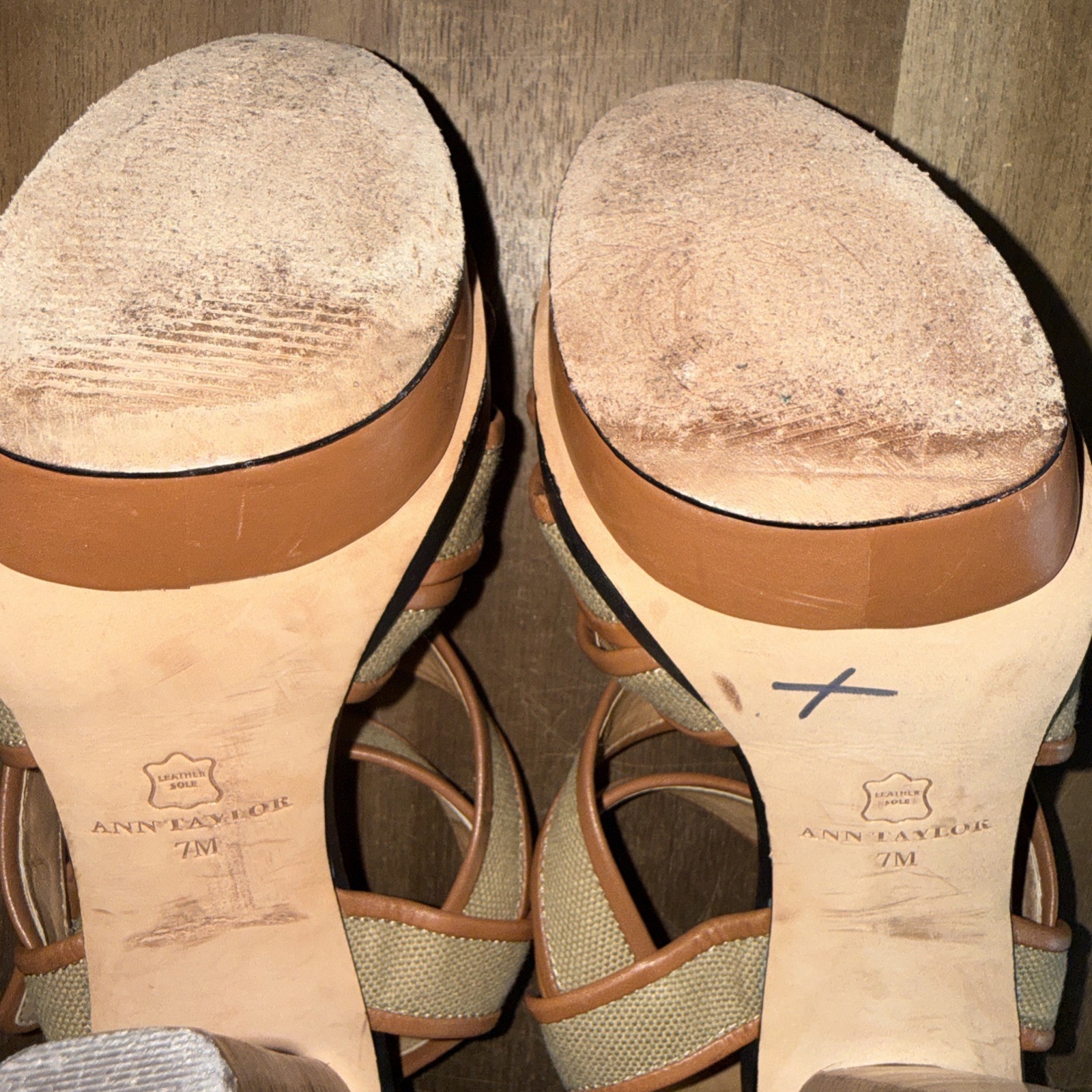 Ann Taylor Strappy Platform High Heel Sandals 7M Tan Safari Canvas Cone 5″ Heel