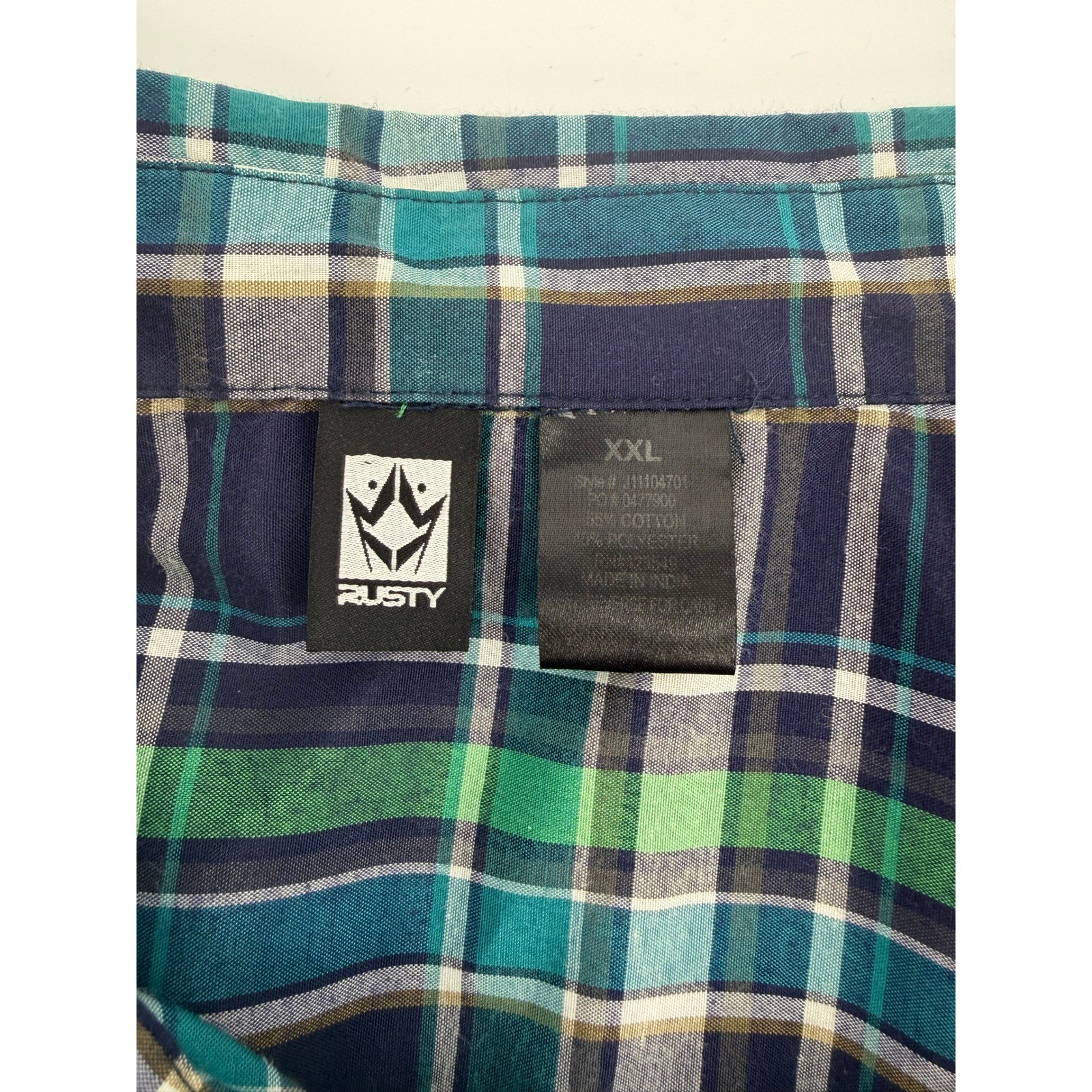 Rusty Mens XXL Short Sleeve Plaid Button Down Shirt Green Blue Surf J11104701