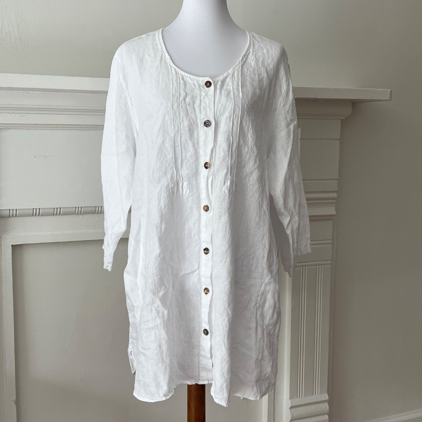 Plus Size Top Solid White Linen 1X Vintage Shirt Lagenlook Tunic Blouse Relaxed
