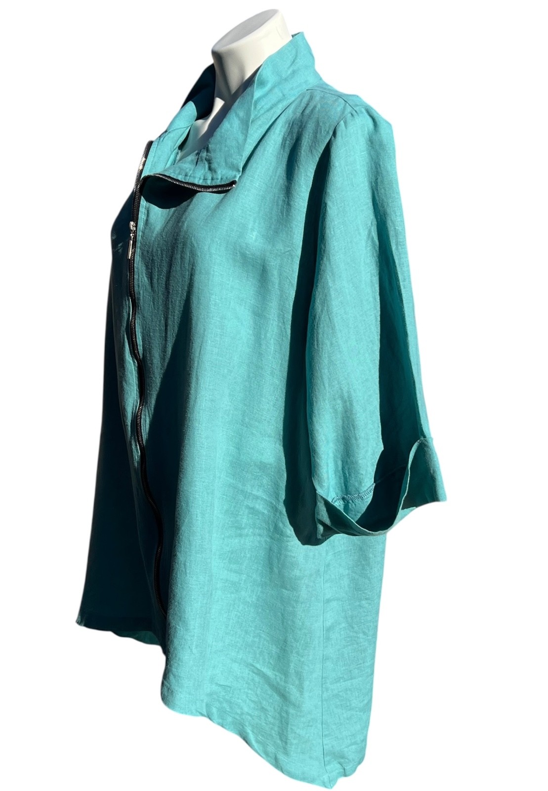 Comfy USA Turquoise Linen Tunic Asymmetrical Zip Front Sz L Jacket 3/4 Sleeve