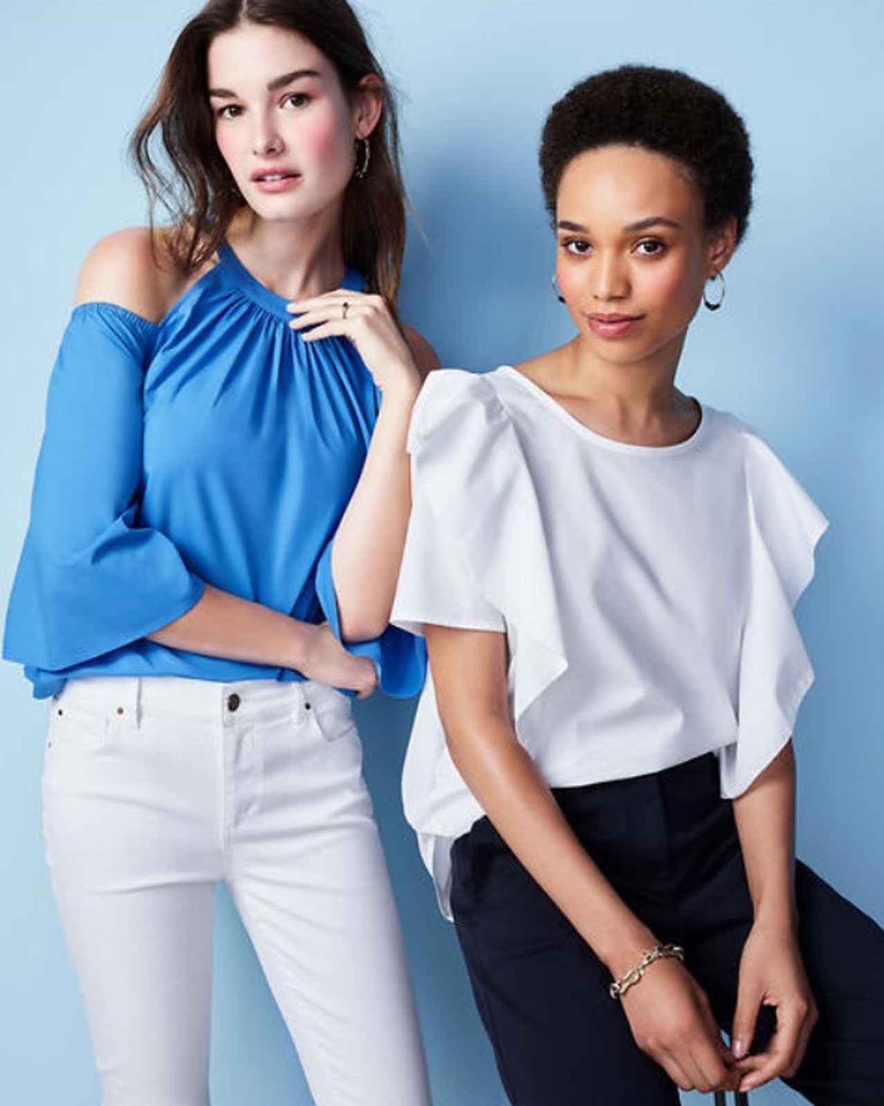 NWT ANN TAYLOR Vivid Azure Poplin Structured Cold Shoulder Top Shirt S, XL