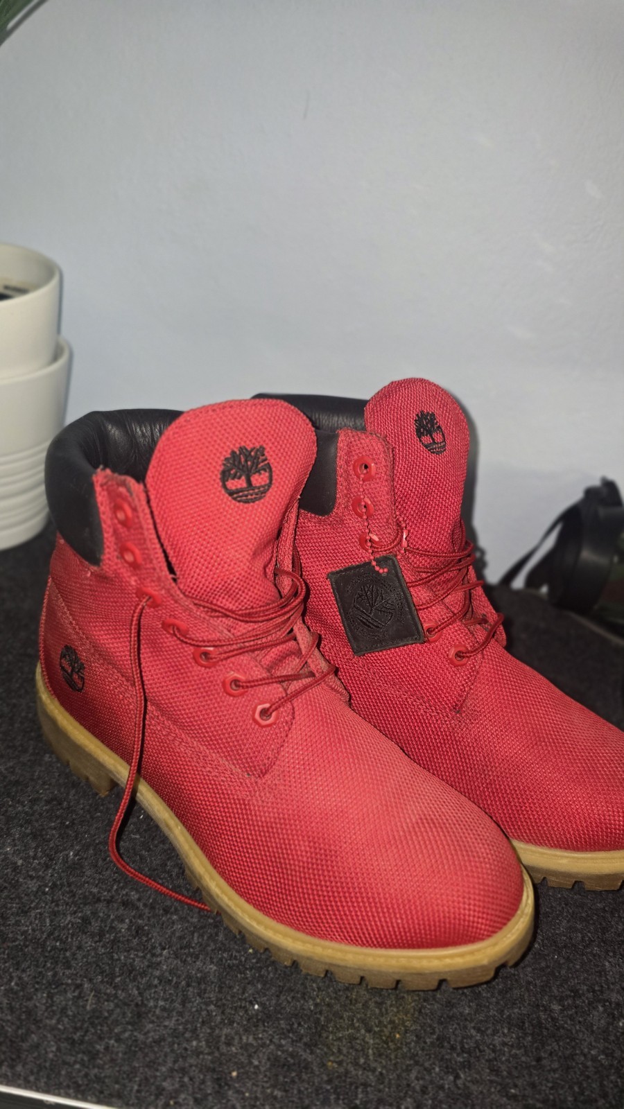 Timberland 6 Inch Premium Boots Red Mesh Canvas Waterproof Mens Size 9.5