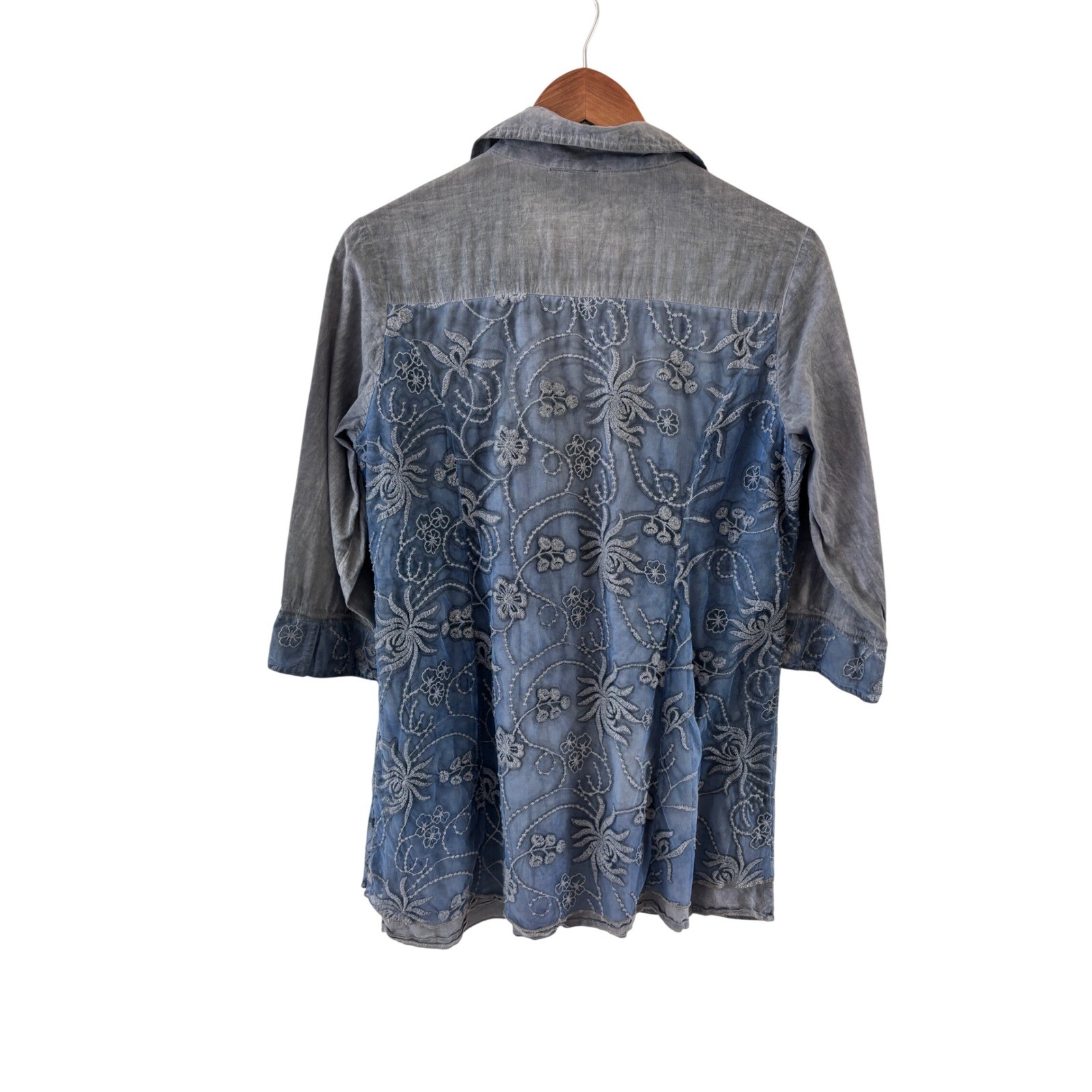 Parsley & Sage Embroidered Button Down Top Womens M Blue Lace Chiffon Fairy