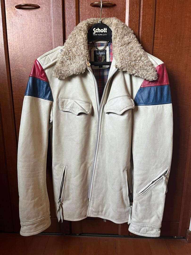 Schott Leather Boa Fur Collar Riders Jacket Blouson Men Size M Plaid