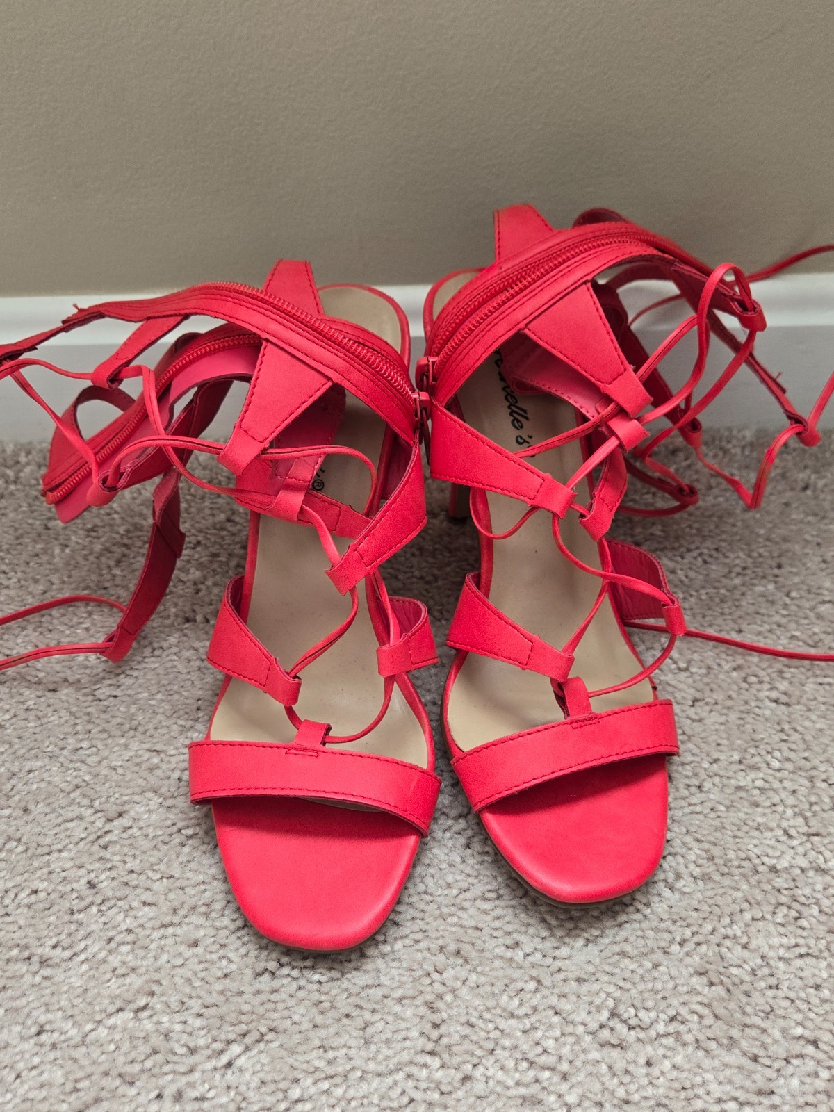 Red faux leather lace up high heels size 6.5 . Thin heel