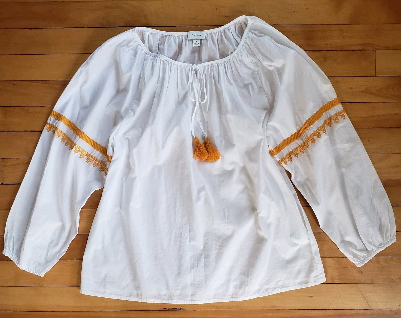 J.Crew Peasant Blouse White Embroidered Tassel Tie Boho Cotton Women’s Small
