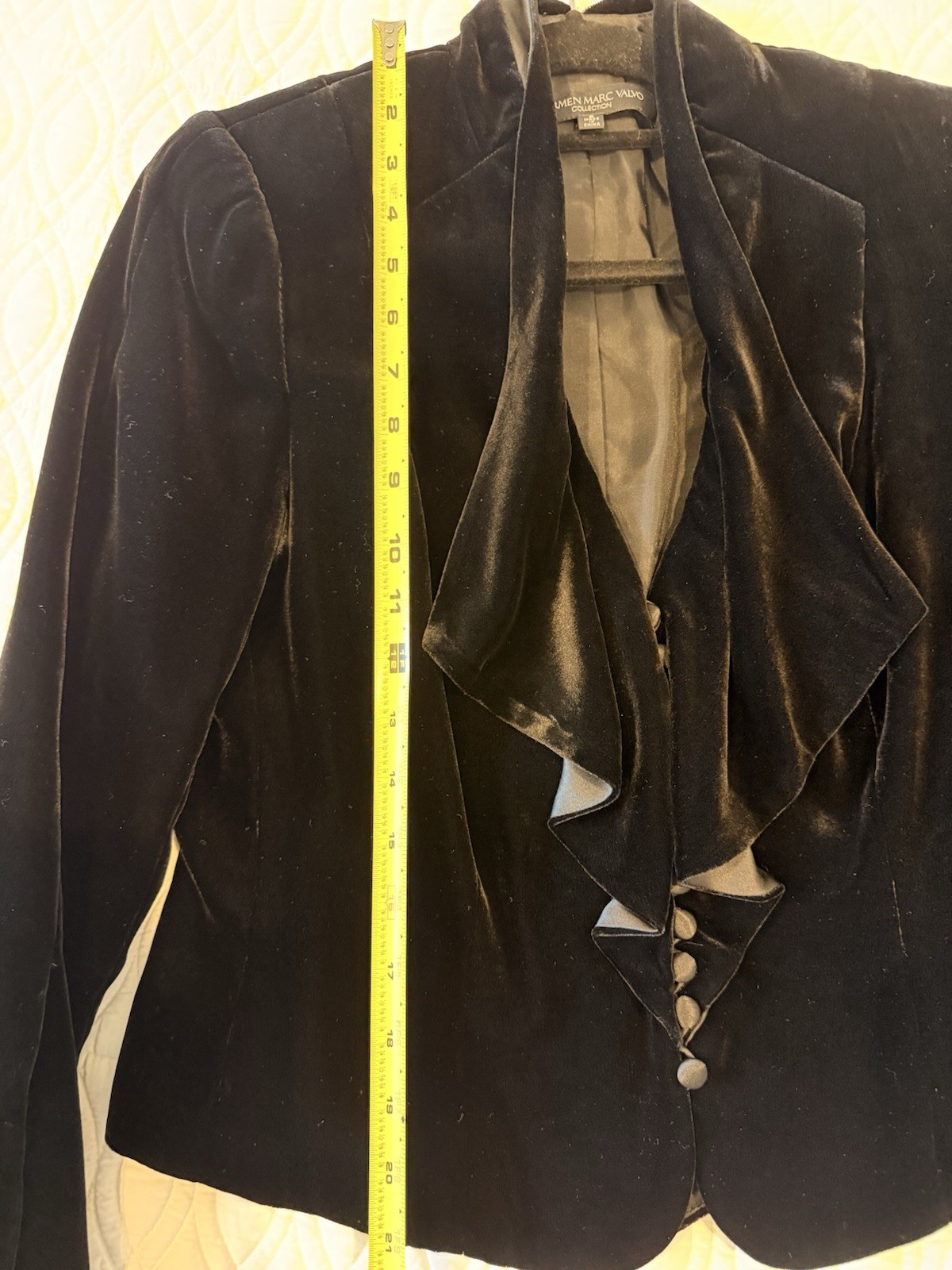 Carmen Marc Valvo Collection Jacket 8 Black Velvet Ruffle Tux Blazer Bell Sleeve