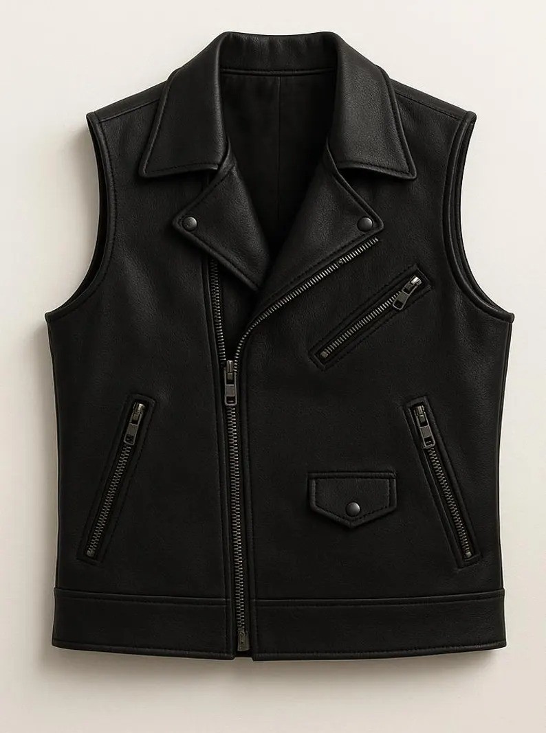 Men’s Black Leather Biker Vest Moto Style Sleeveless Punk Rock Vest Gift For Him