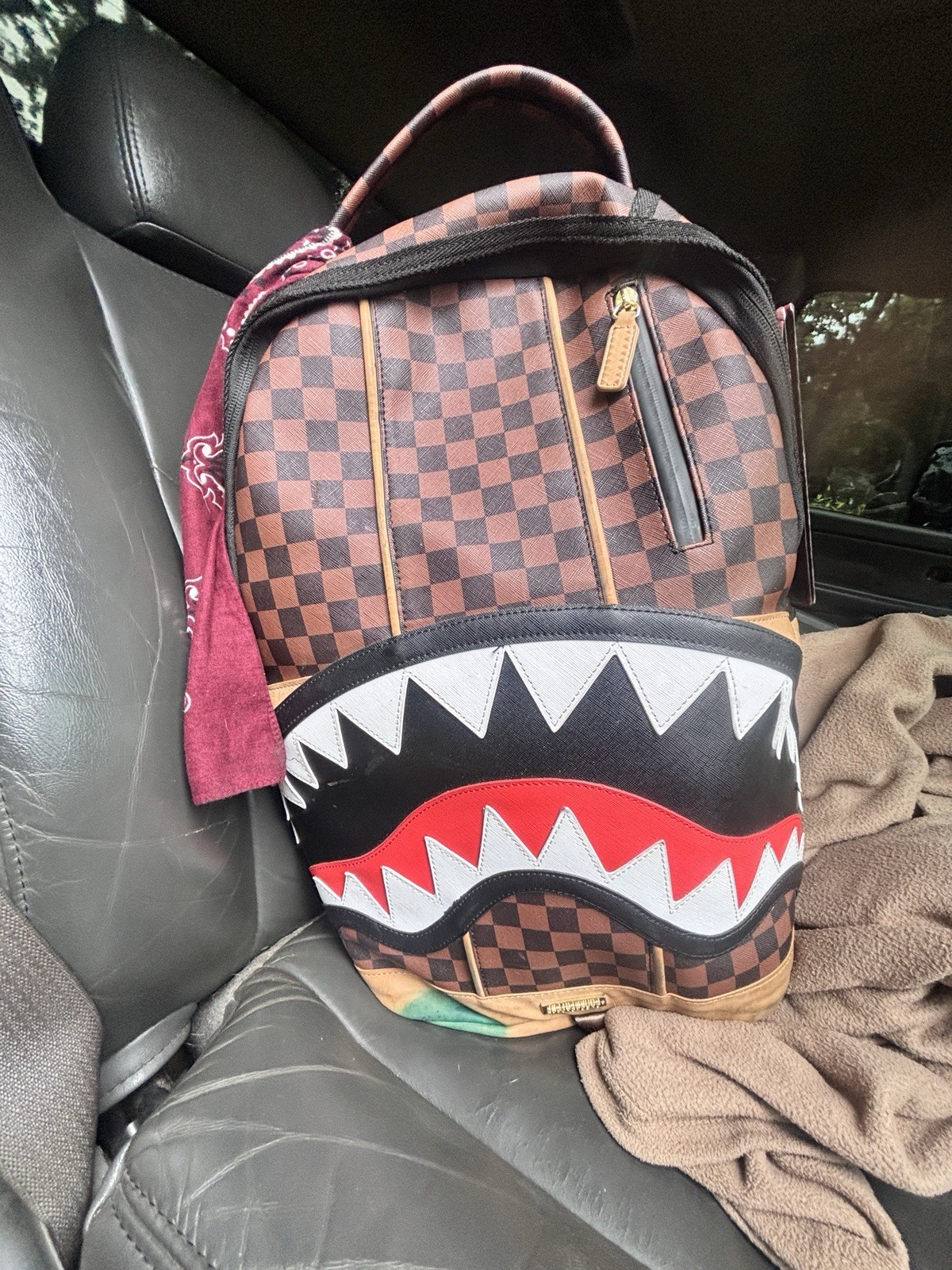 Sprayground Checkered Shark Mouth Backpack Brown/Black/Red Zip Inner Pockets