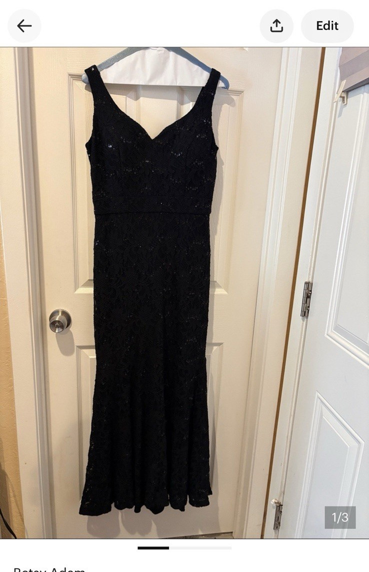 Betsy Adam Black Size 10 Maxi Long Lace V-Neck Sleeveless Sequin Floral