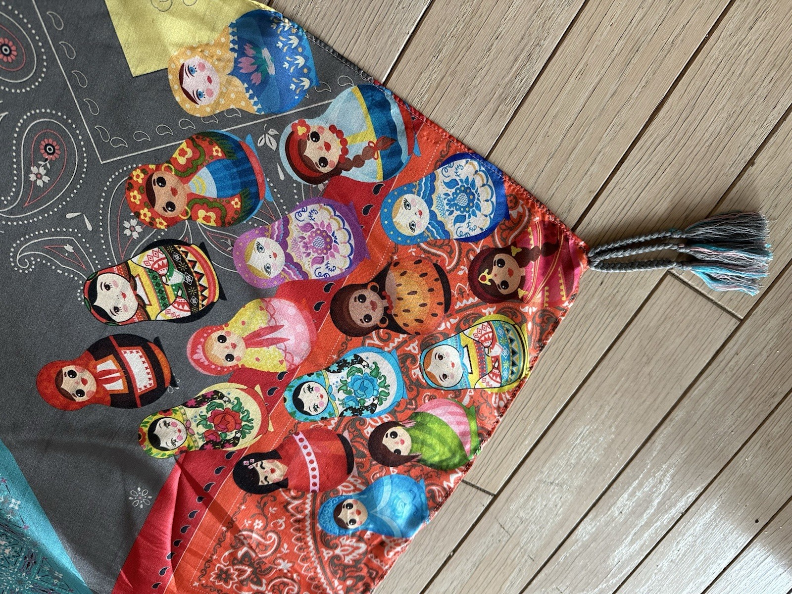 Johnny Was Silk Scarf RARE Floral Patchwork Nesting Dolls Print Tassels 42″x42″