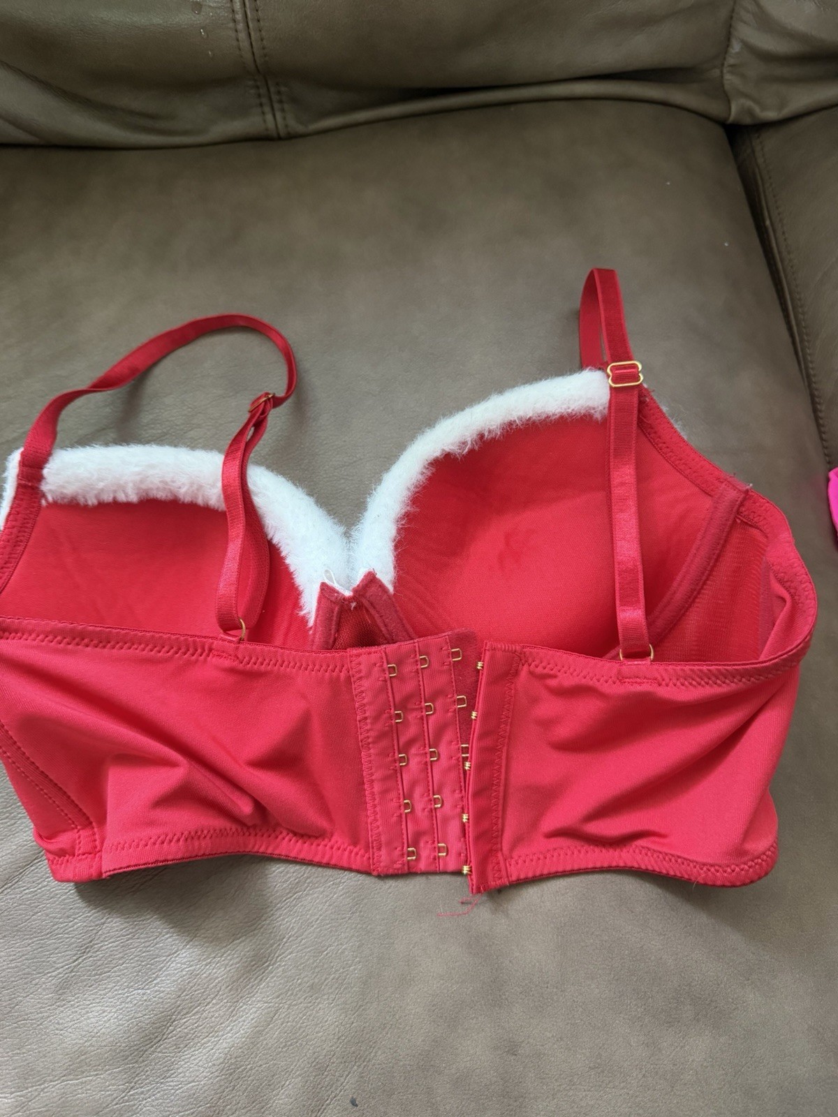 Fashion Nova Underwired Padded Balconette Bra 34B Red/White Faux Fur Hook&Eye
