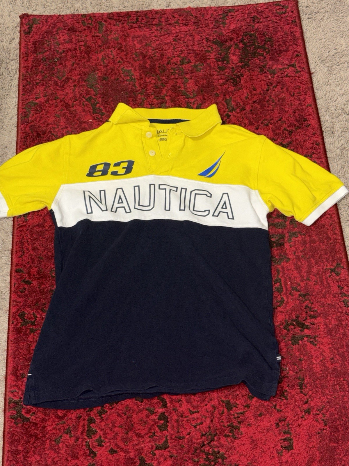 Nautica Colorblock Polo Shirt Yellow/White/Navy Short Sleeve Logo Button Kids M
