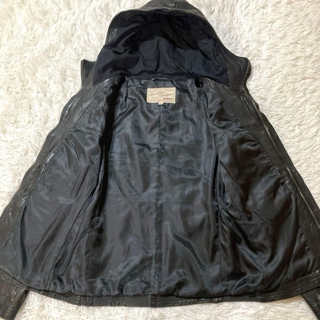 AVIREX Lamb Leather Hooded Jacket Blouson Coat Men Size M Black Genuine