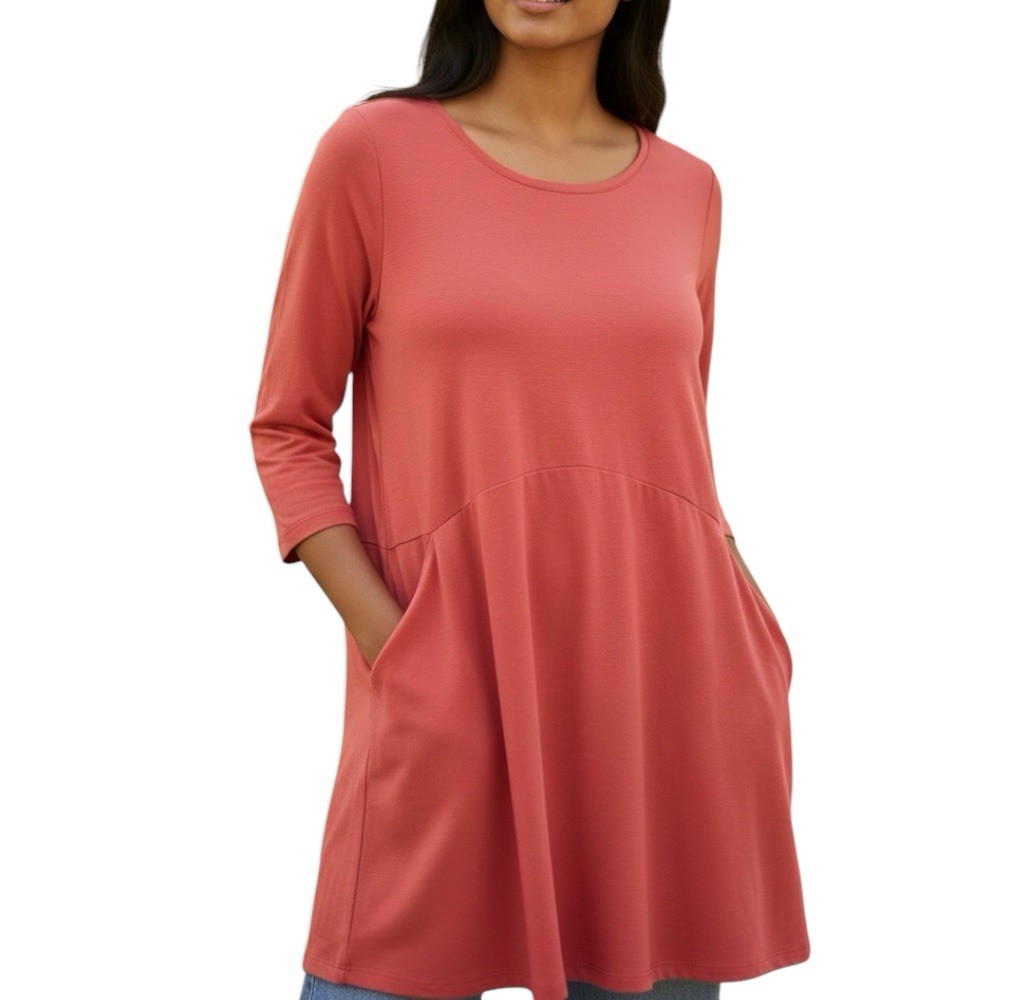 Pure J. Jill Coral Scoop Neck Pullover Tunic Top 3/4 Sleeve Pockets M