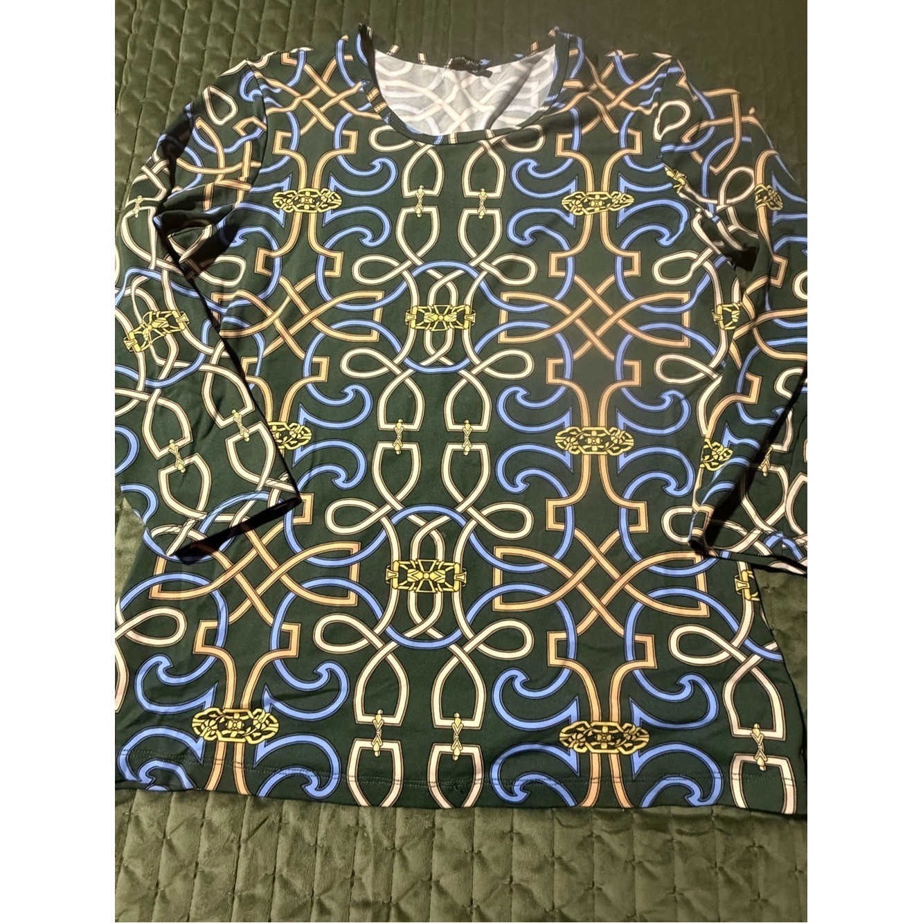 J.McLaughlin 3/4 sleeve wrinkle-resistant equestrian print green blue MED
