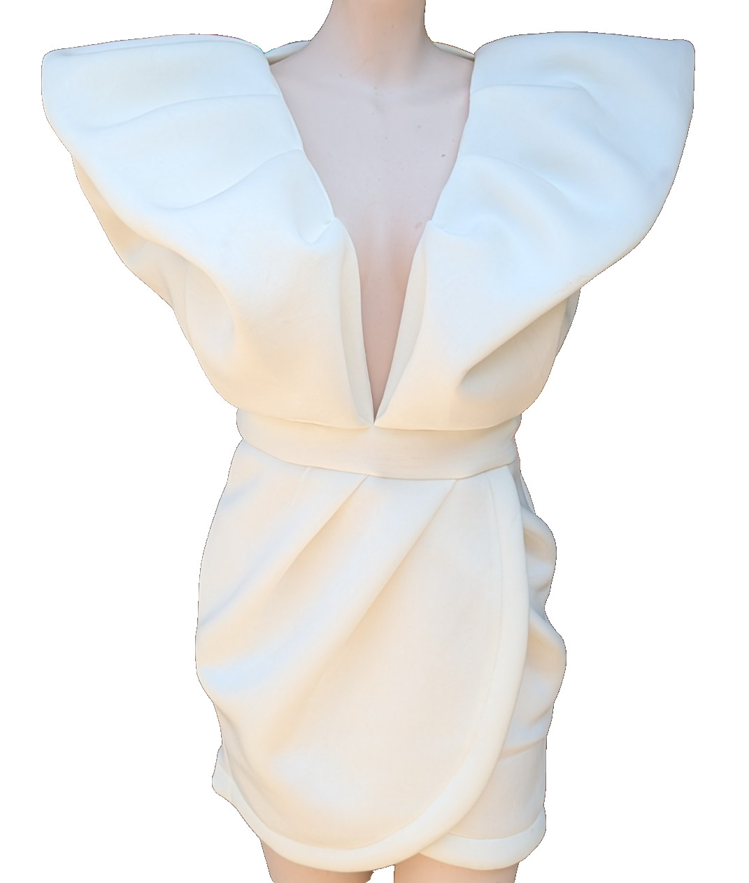 Bridal Wedding Elegant Deep Plunge V-Neck High Low Puffy Ruffle Mini Dress White