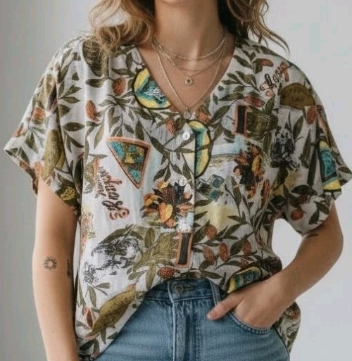 Vintage Women’s Nicola Top Size M Graphic Leaf Print Shoulder Pads 90s Tropical