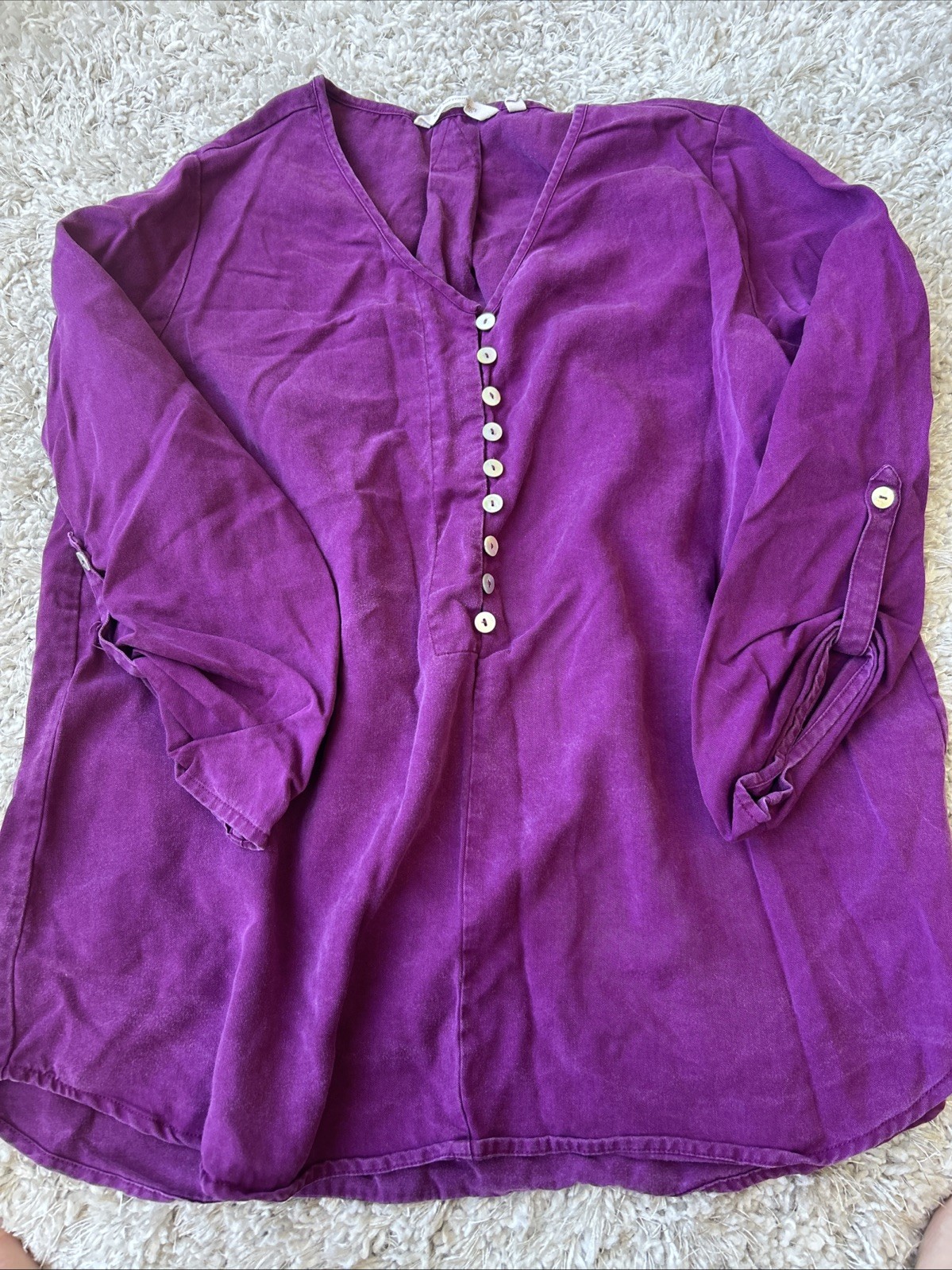 Soft Surroundings Button Down Shirt, Purple Three-Quarter Sleeves 100% Tencil PM
