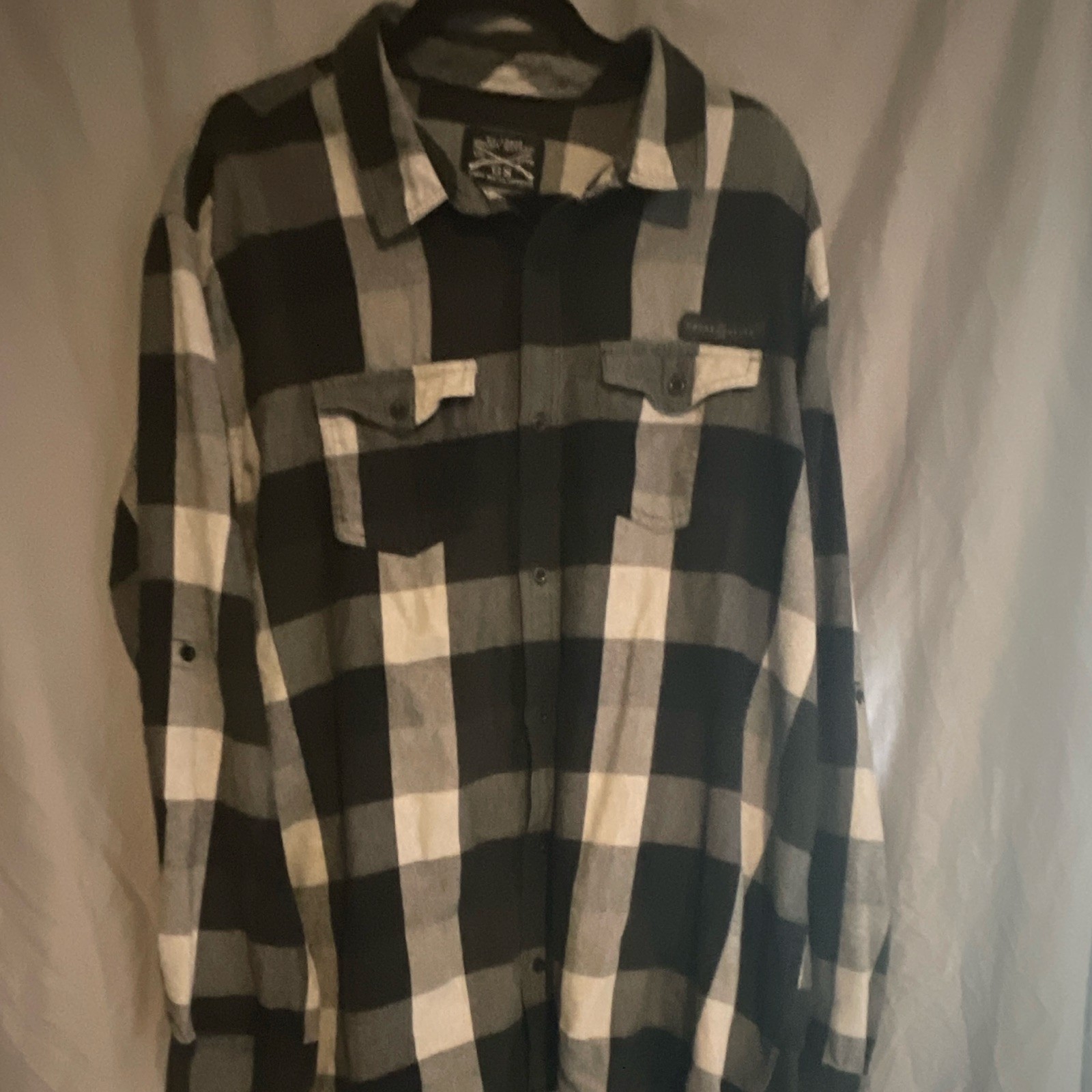 Grunt Style Men’s 3XL Plaid Long Sleeve Button-Up Shirt w/ Pockets Black