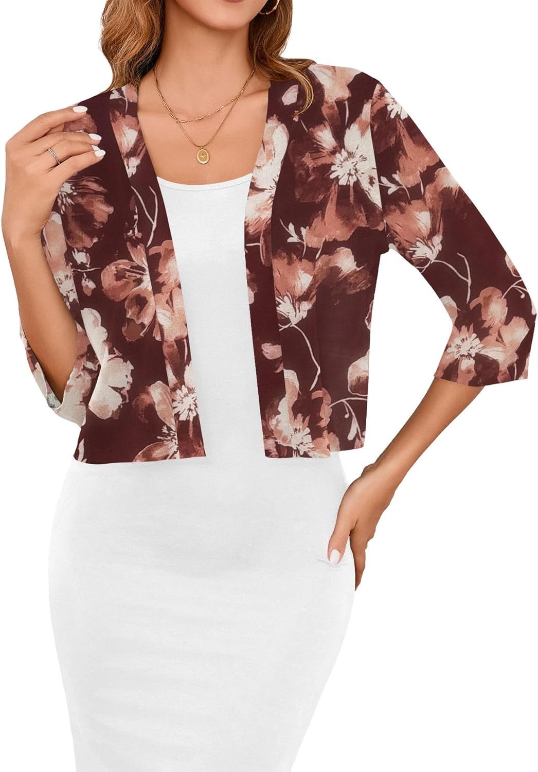 Women’s 3/4 Sleeve Lightweight Cropped Cardigan Open Front Shrug for Dresses