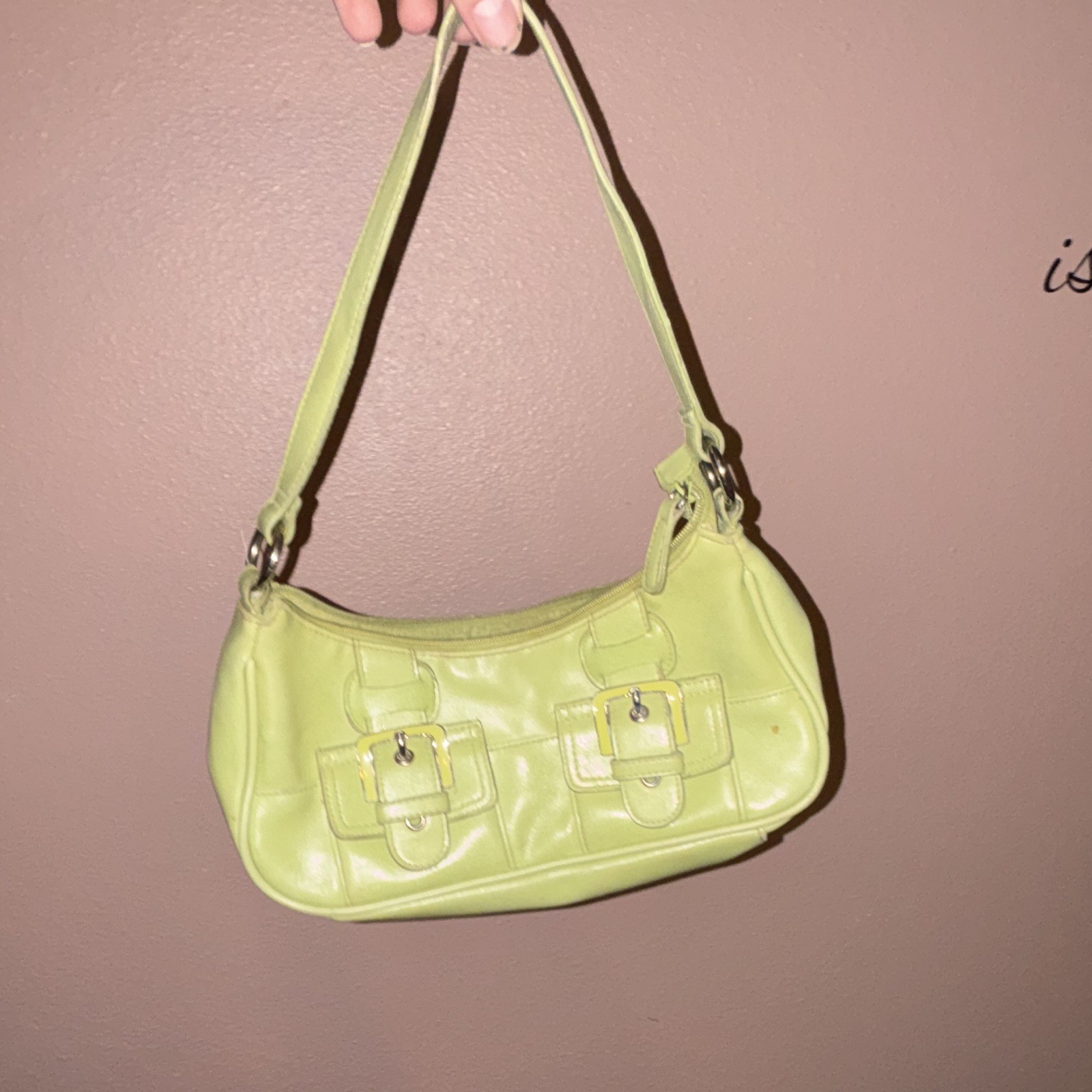 Women’s Yellow Shoulder Bag Solid Rectangle w/ Buckle Accents Zip, Silver