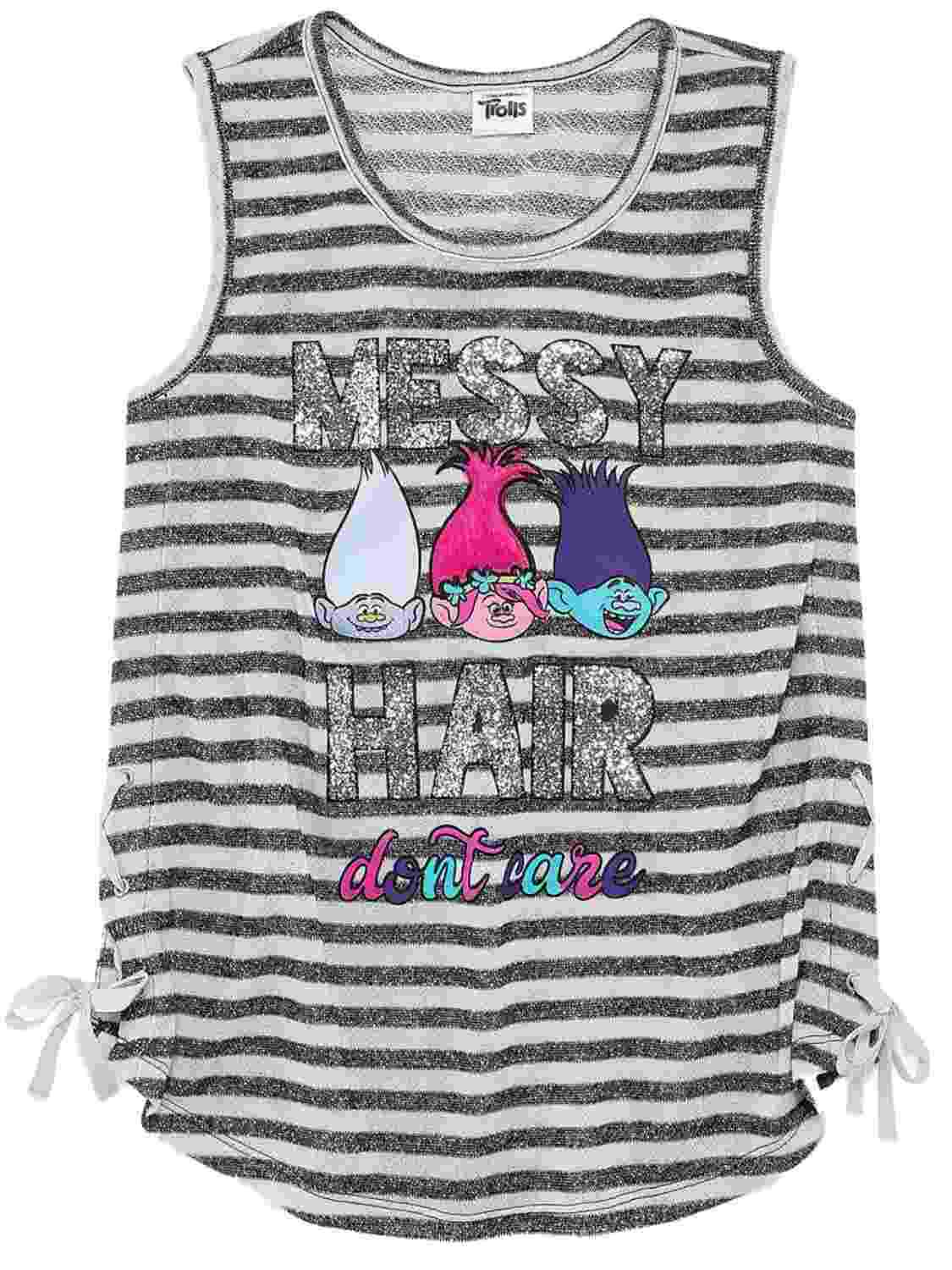 Girls Trolls Movie Messy Hair Don’t Care T-Shirt Gray Stripe Poppy Tank Top