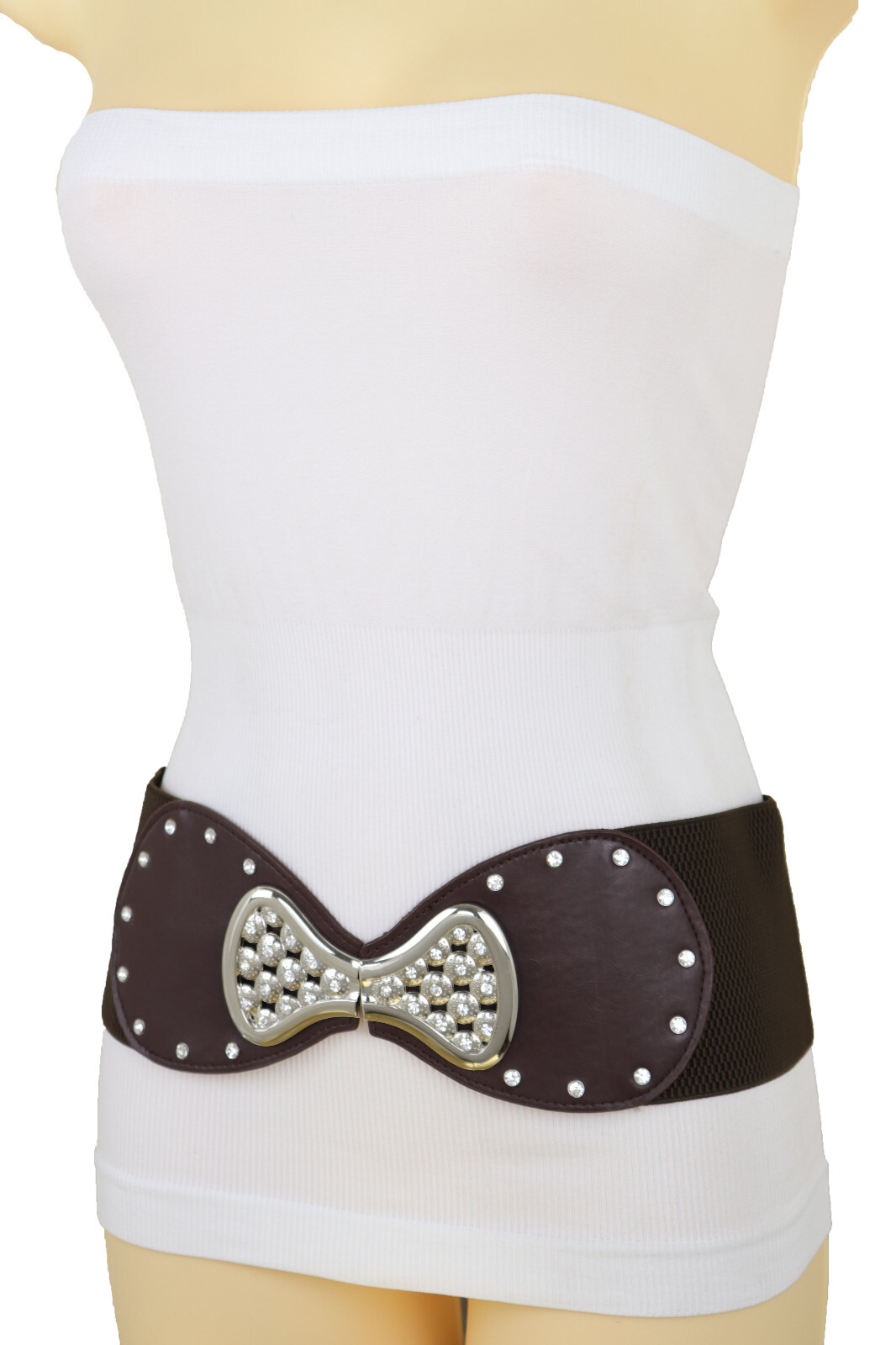 Women Dark Brown Tone Wide Elastic Belt Bling Silver Ribbon Bow Tie Buckle S M