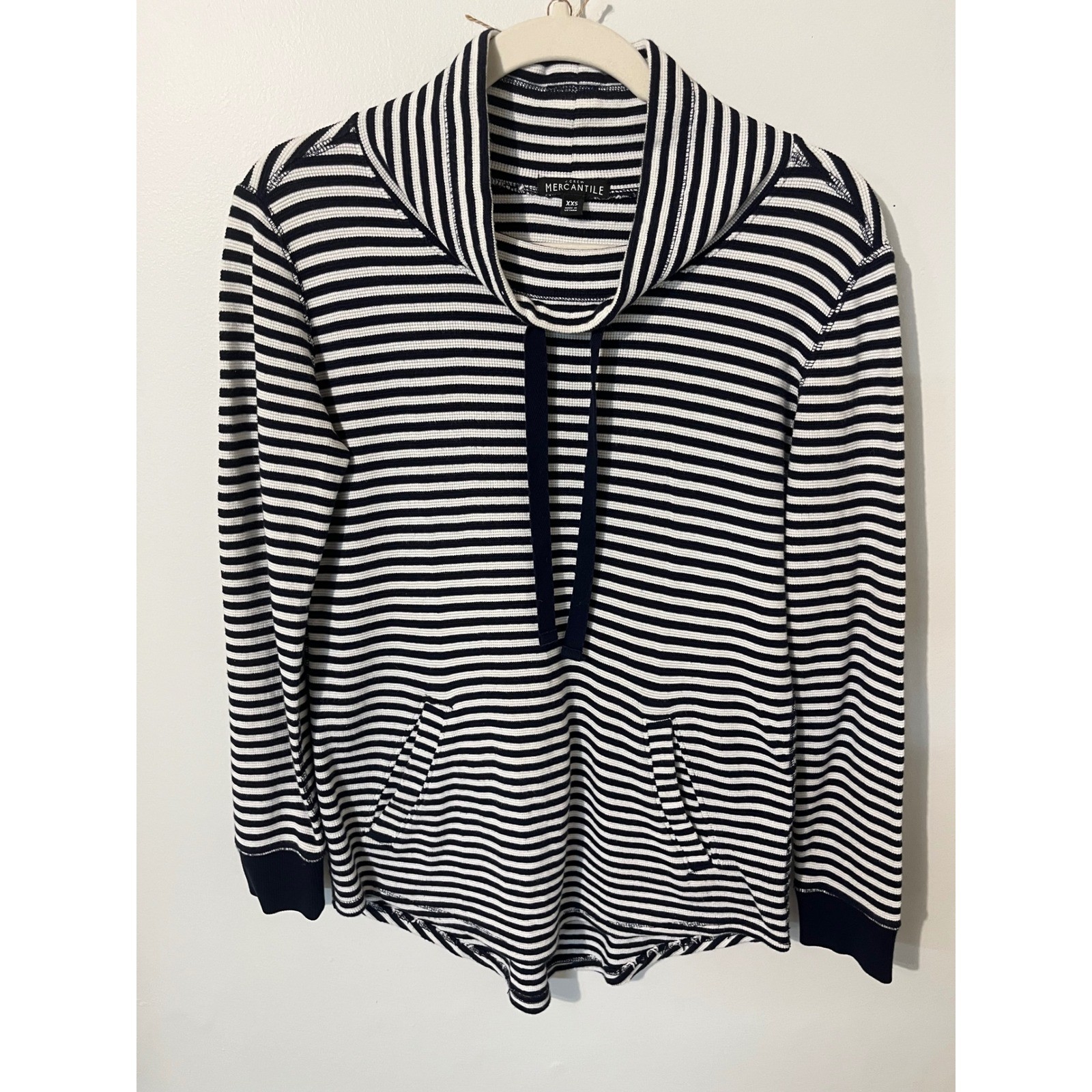 J.Crew Mercantile Womens XXS Striped Waffle Knit Funnel Neck Pullover Navy White