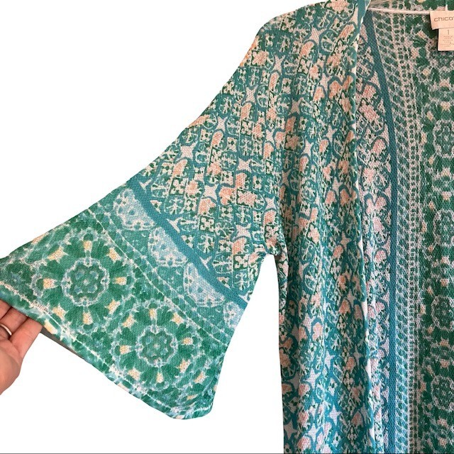 Chicos Soft Tile Stripe Duster Cardigan Sweater 2 L Turquoise Boho Open Front