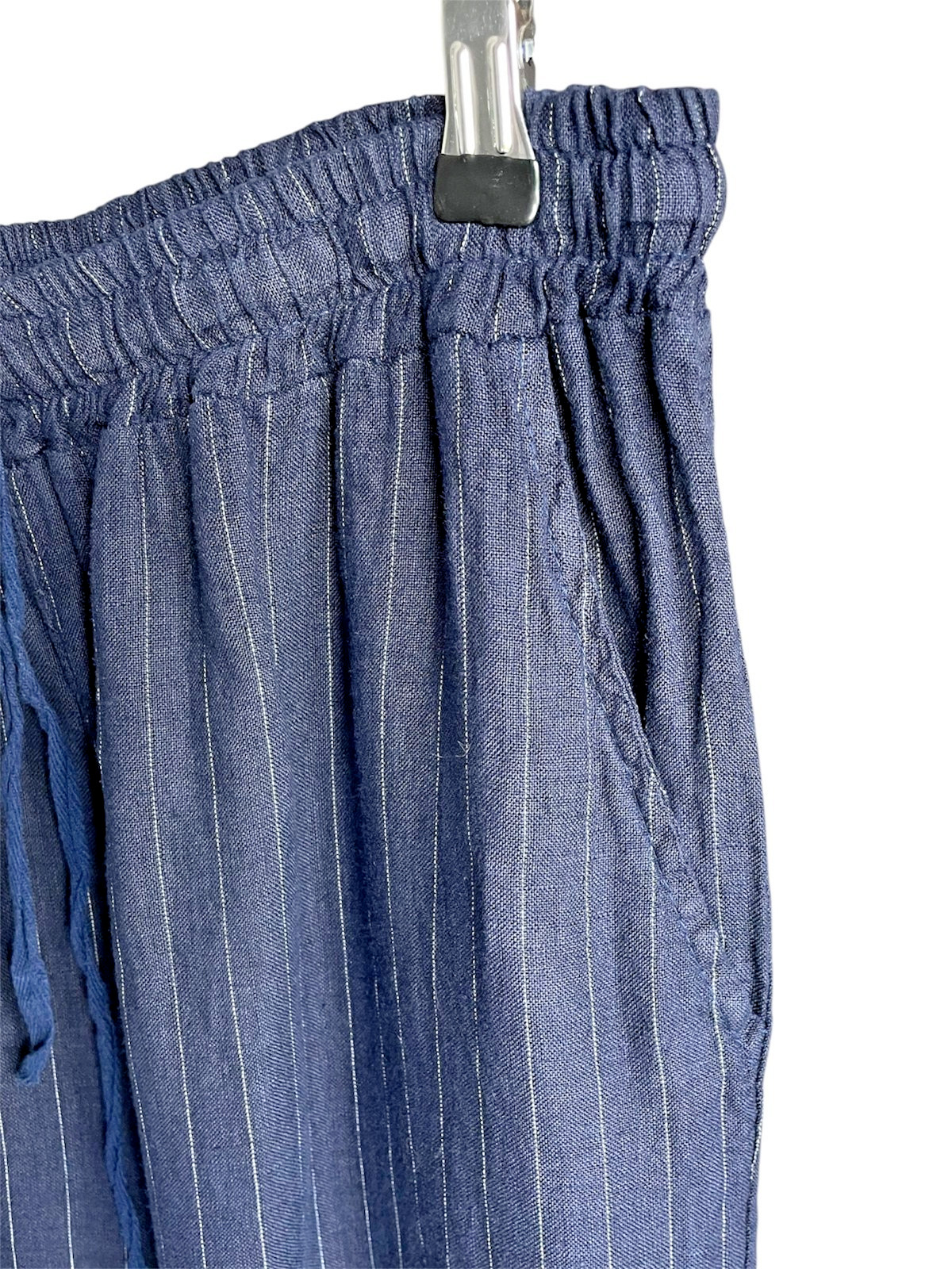 Sorbet Italy 100% Linen Pants L XL Blue Pinstripe Wide Leg Elastic Waist