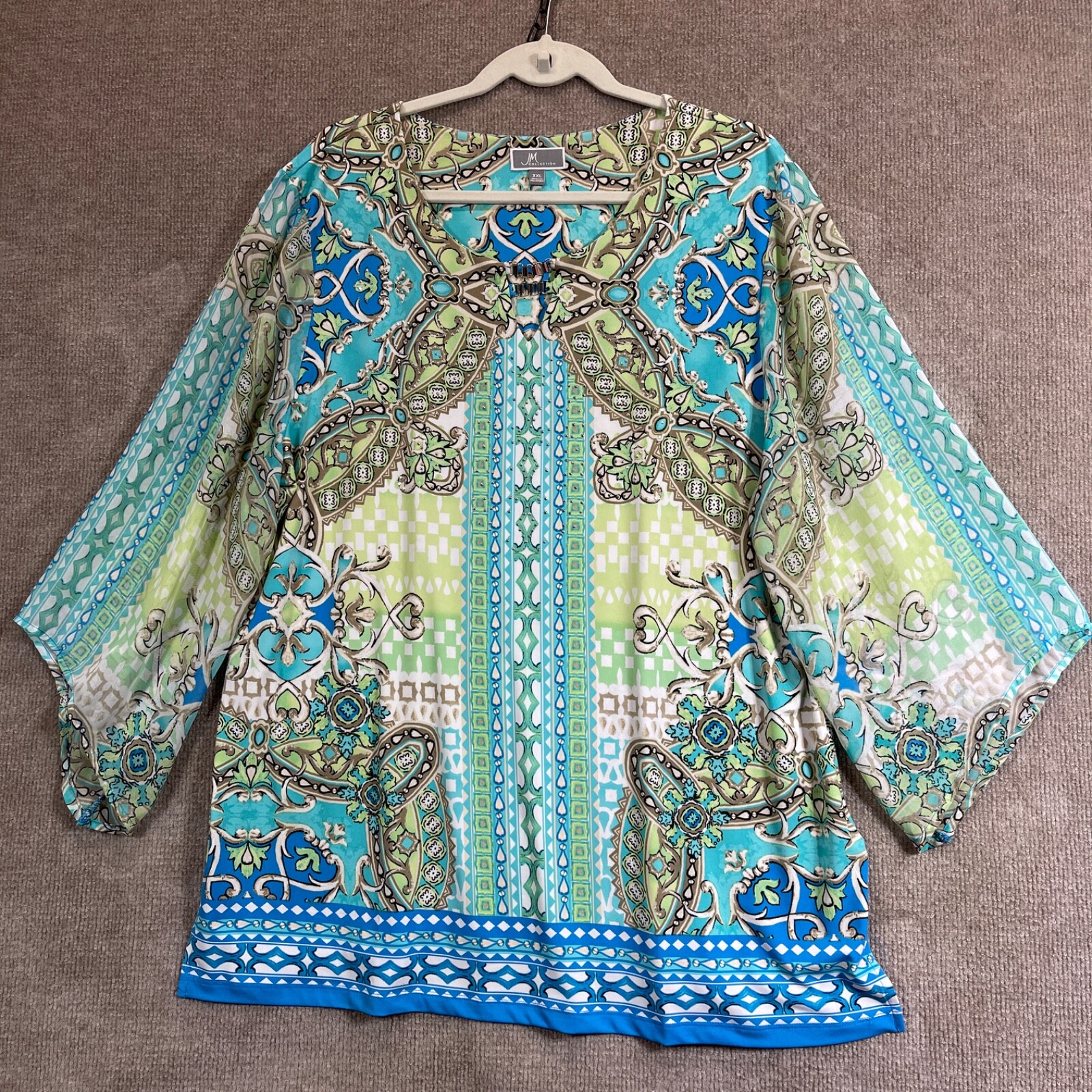 JM Collection Top Womens XXL Tunic Paislet Sheer Sleeves Studs Chain Career