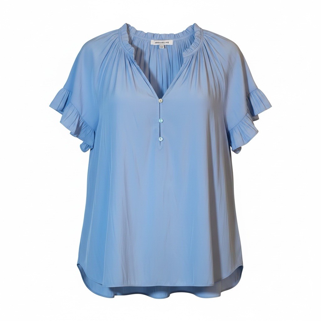 Rose & Olive Light Blue Flutter Ruffle Sleeve V Neckline Semi-sheer Blouse XL