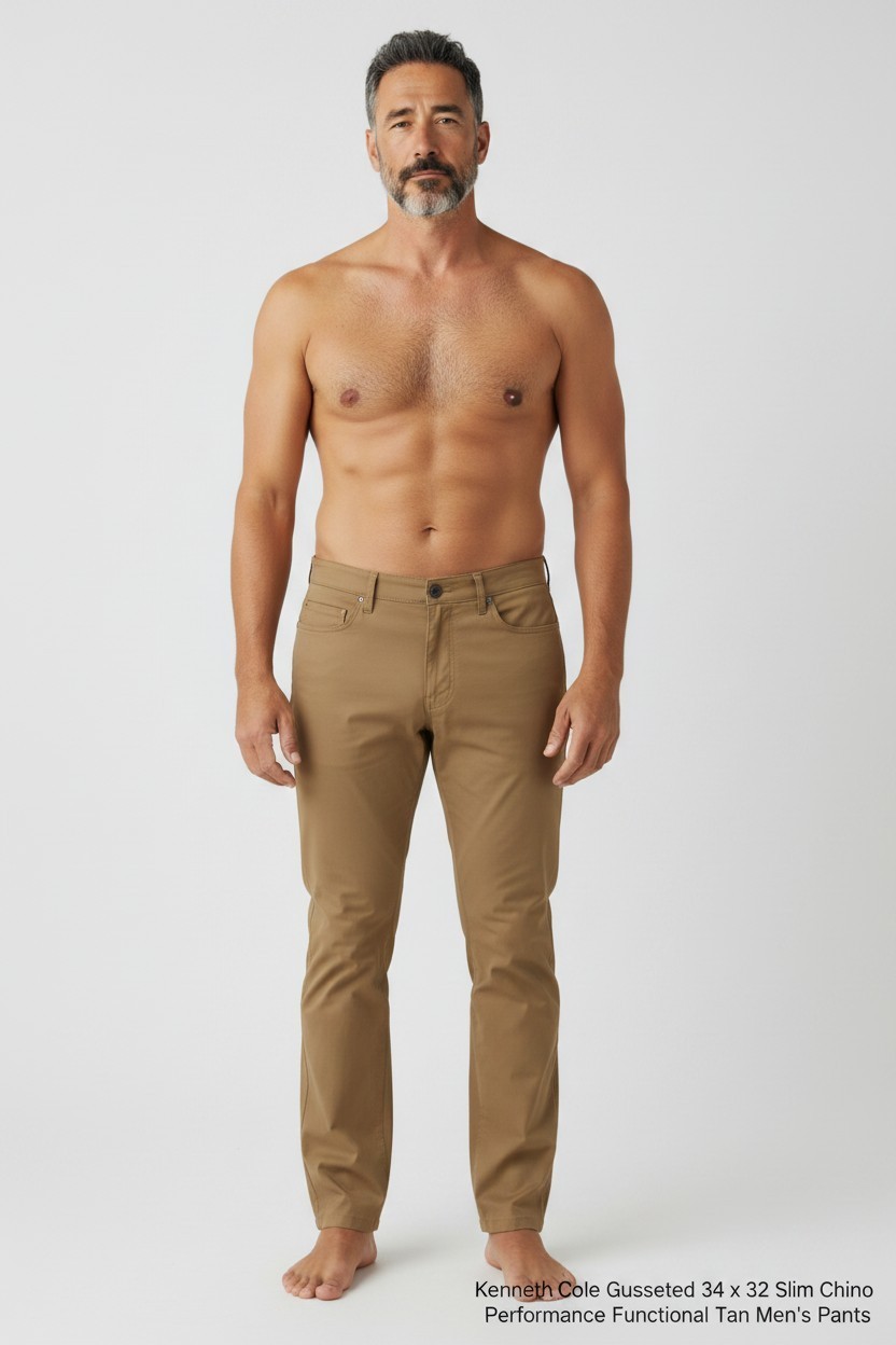 Kenneth Cole Gusseted 34×32 Slim Chino Performance Functional Tan Mens Pants