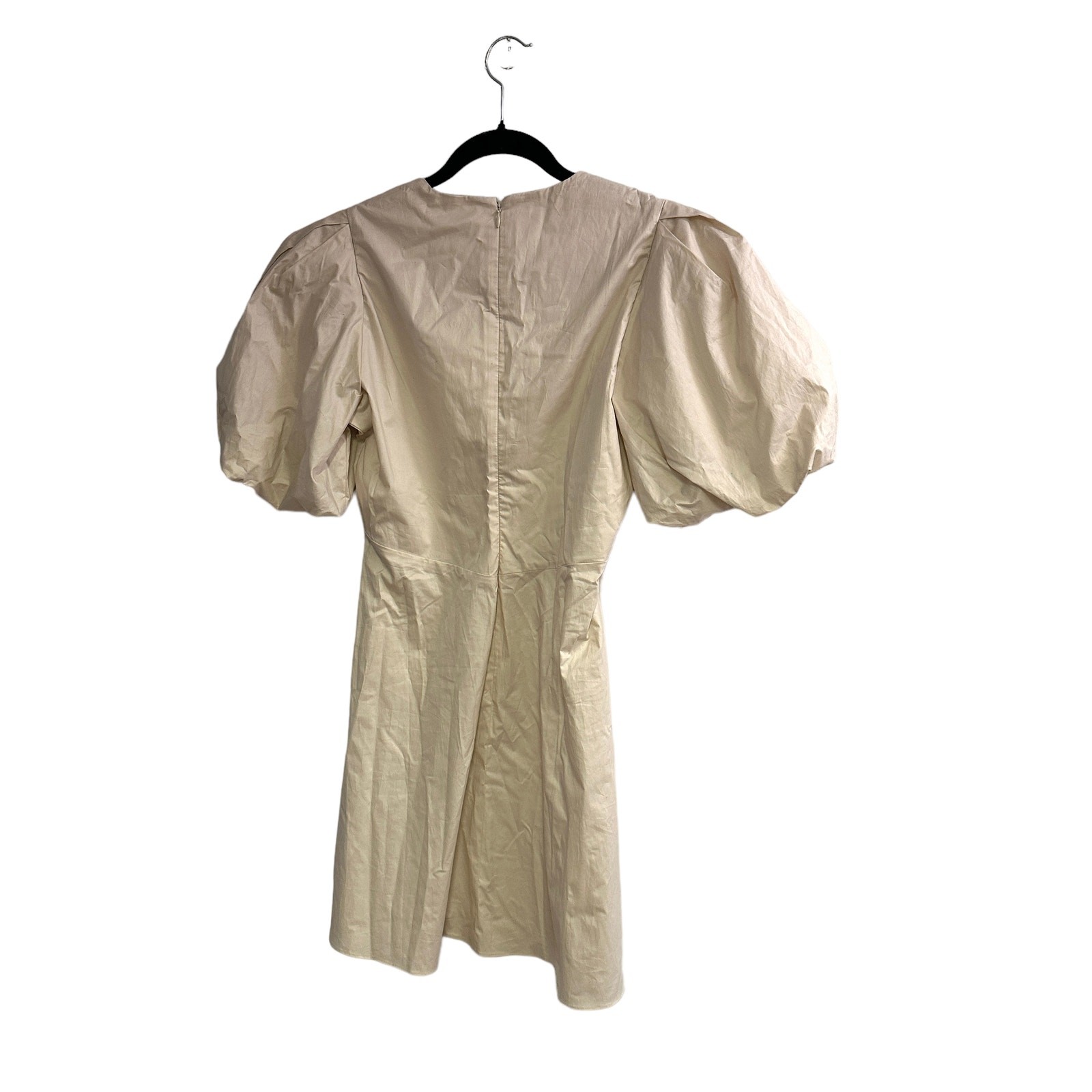 NEW Frame Tie Neck Puff Sleeve Stretch Poplin Minidress Flax Beige Cotton Medium