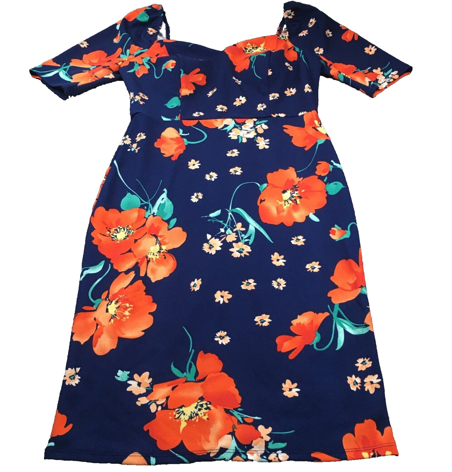 Rebecca B Women Dress Sz 10 Blue Floral Sweetheart Neck Short Sleeve Stretch NWT